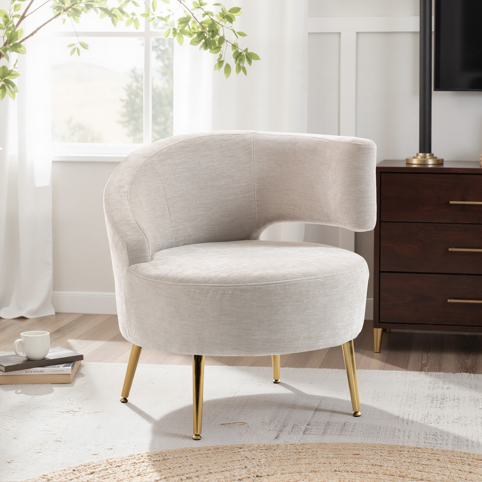 Loungesessel Sessel mit Chenille-Optik, Schrägere Rückenlehne, Goldenen Stahlbeinen für Wohnzimmer, Cremeweiß