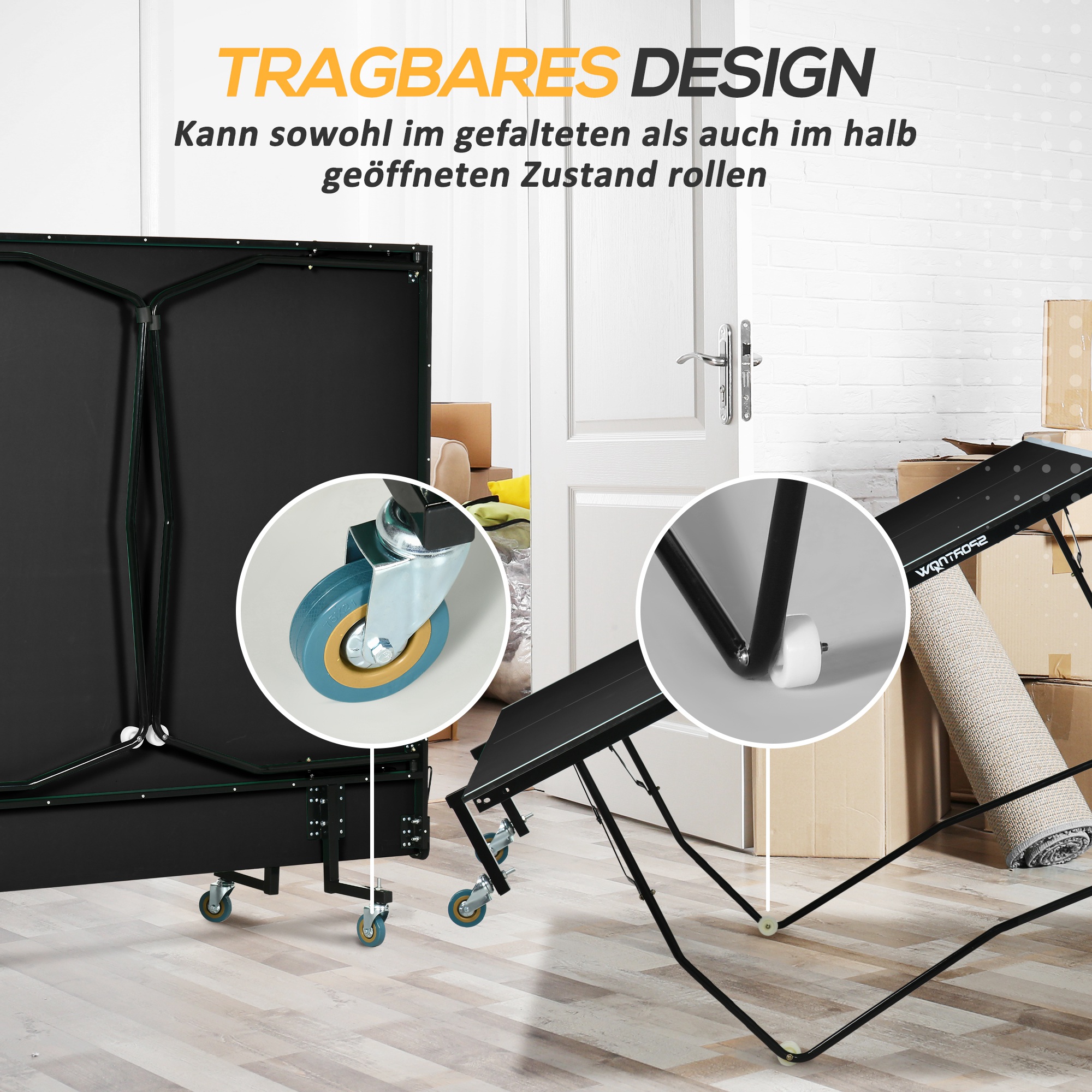 Tischtennisplatte, klappbar, 8 Räder, pulverbeschichteter Stahlrahmen, MDF, 274 x 152,5 x 76 cm, Schwarz