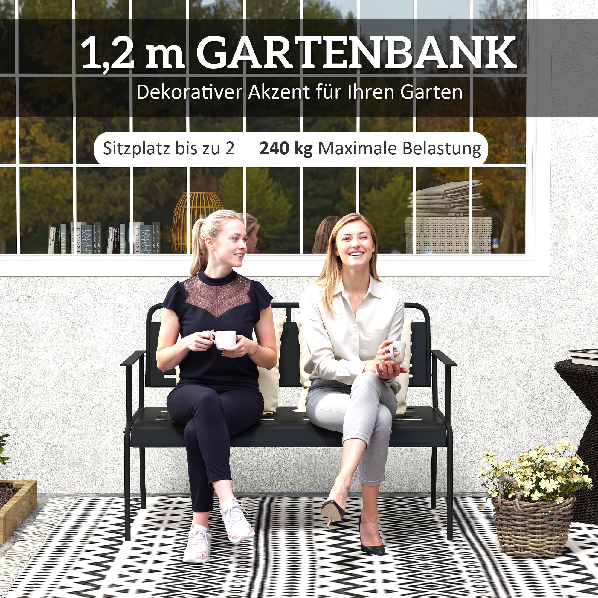 2-Sitzer Gartenbank, wetterfest Sitzbank, wasserabweisend Gartenmöbel mit Rücken- & Armlehnen 121 x 64 x 84cm, Schwarz