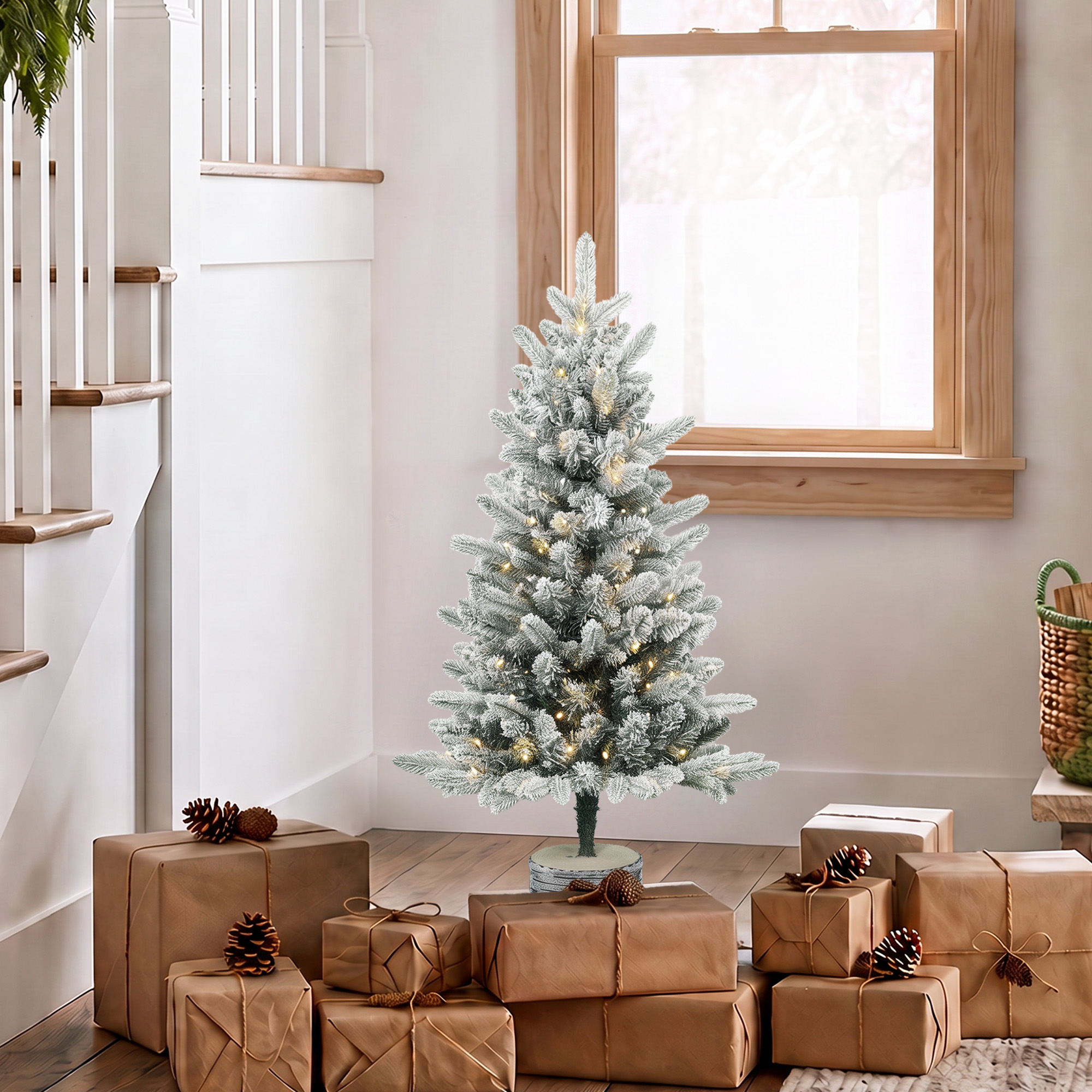 künstlicher Weihnachtsbaum, 90 cm Christbaum mit 50 LED-Beleuchtung 240 Spitzen Kunstschnee Magnesiumoxid-Sockel
