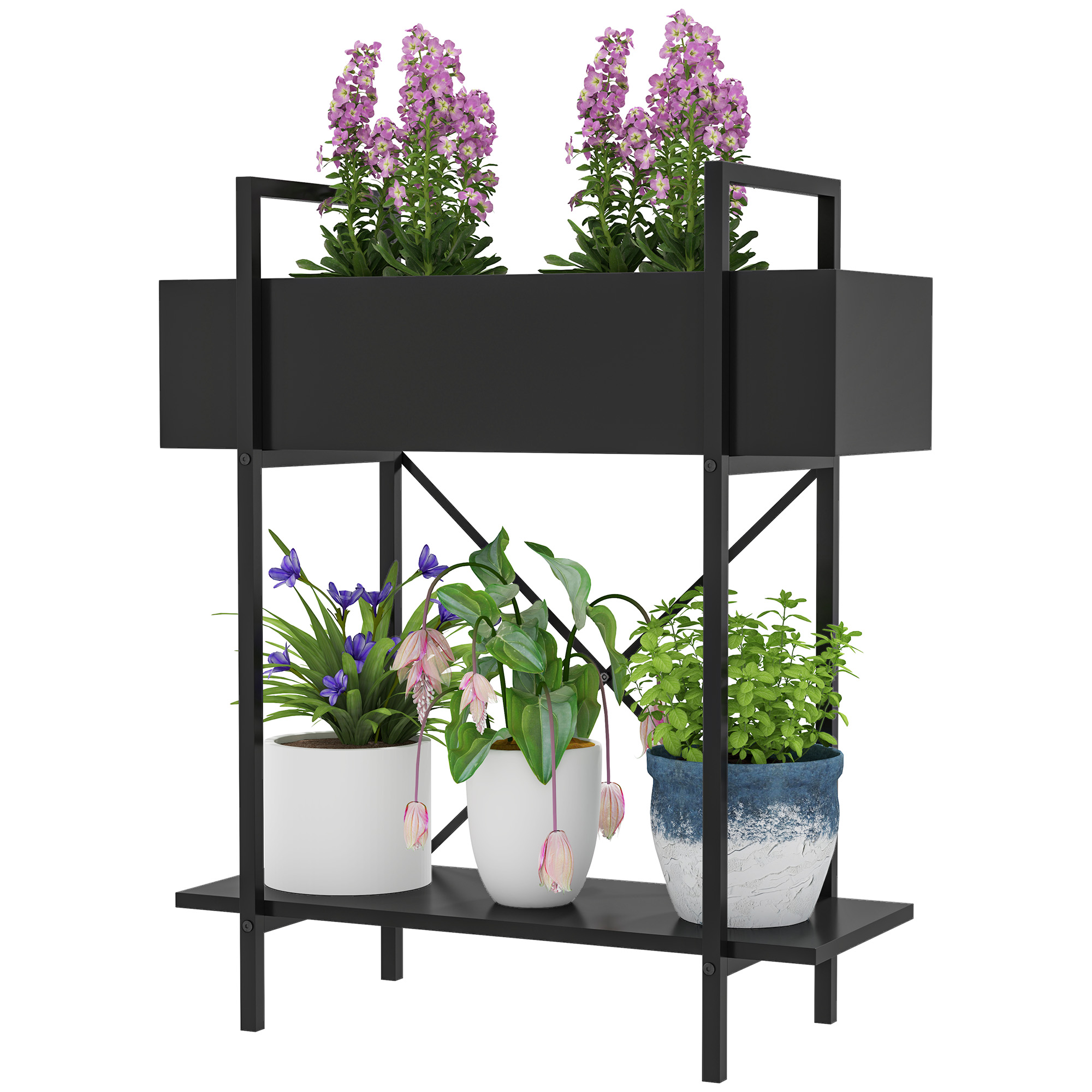 Pflanzenständer, Blumentopfständer mit 2 Ebenen, Ablauflöcher, für drinnen und draußen, Metall, Schwarz