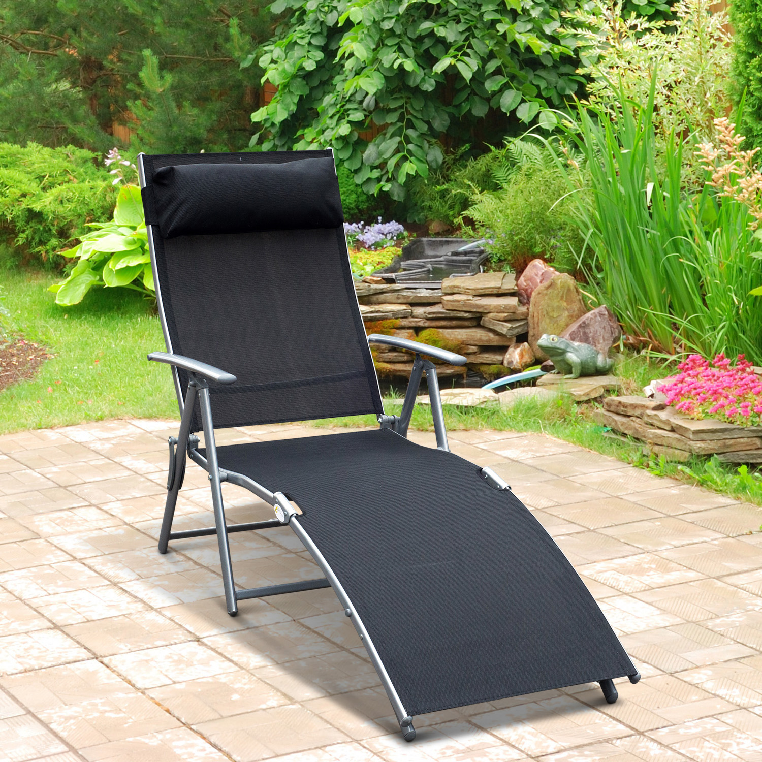 Sonnenliege klappbar Strandliege mit Kissen Liegestuhl mit 7-Fach verstellbare Rückenlehne Gartenliege Relaxliege Gartenstuhl bis 165 kg belastbar, für Garten Urlaub Outdoor, Schwarz