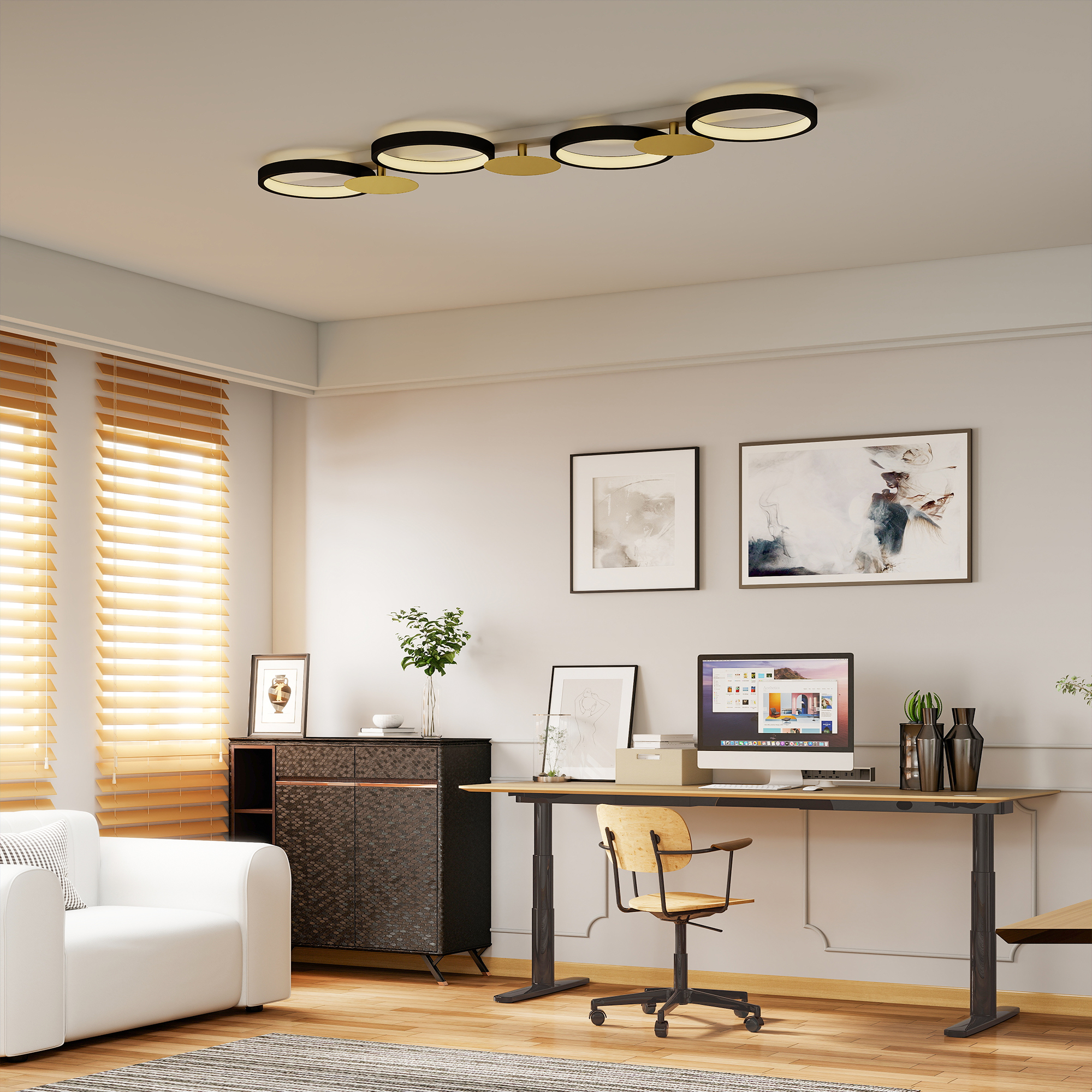 Deckenleuchte LED 38W 1500LM 3000K-6500K Deckenlampe Wohnzimmerlampe mit 4 Glühbirnen Fernbedienung Schwarz+Gold