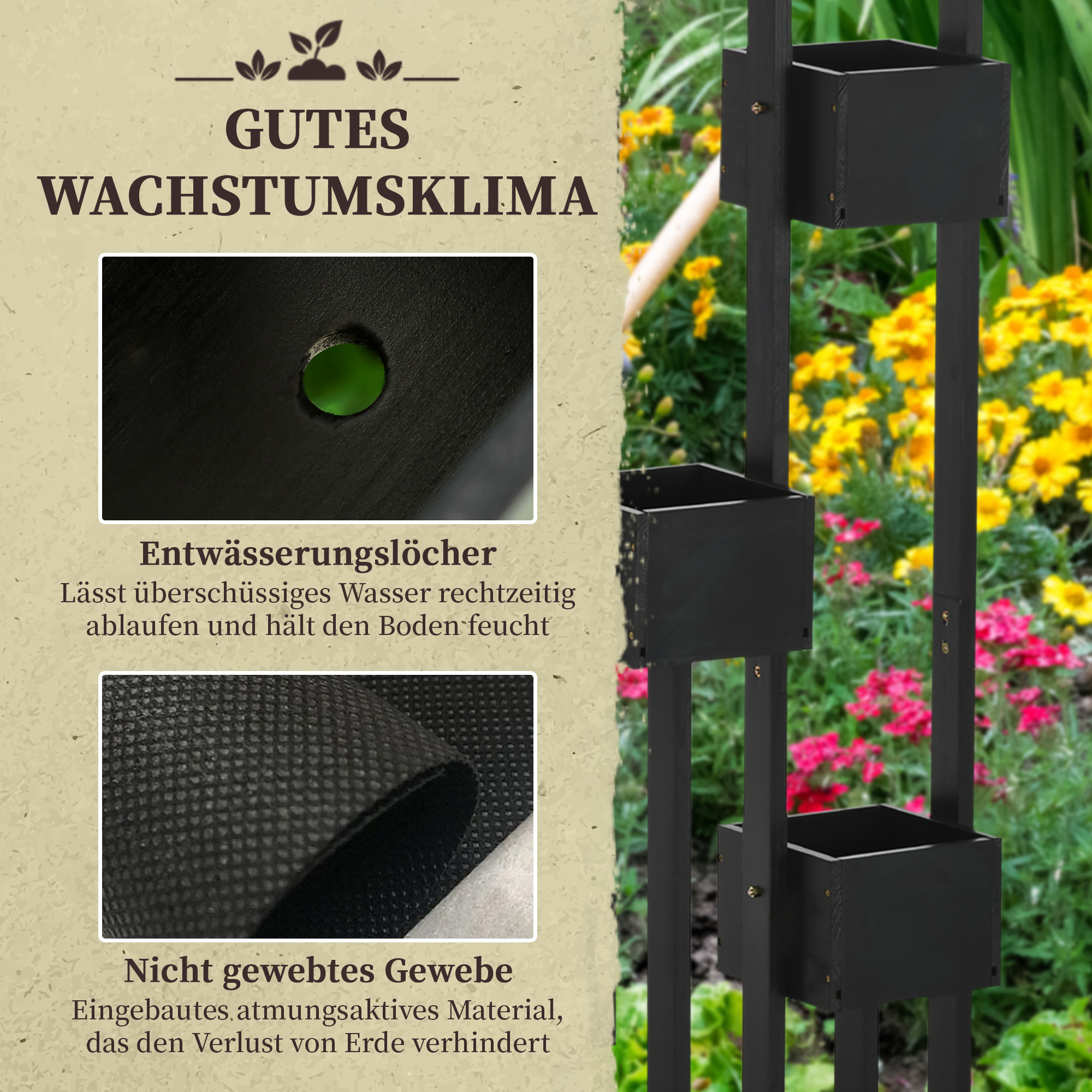 Pflanzkasten-Kombination, modulares Design, Standrahmen, Naturholz, schwarz, 90 x 45 x 170 cm
