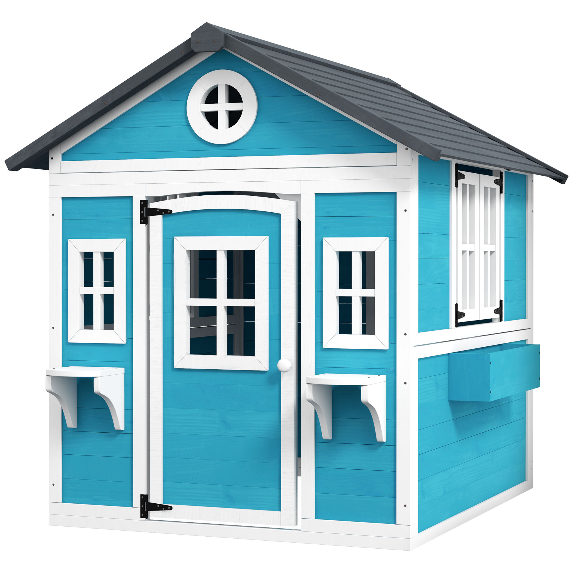 Kinderspielhaus, Holz-Spielhaus für Kinder, Outdoor-Gartenspielhaus mit Fenstern, Blumentöpfe, 3-8 Jahre, Blau