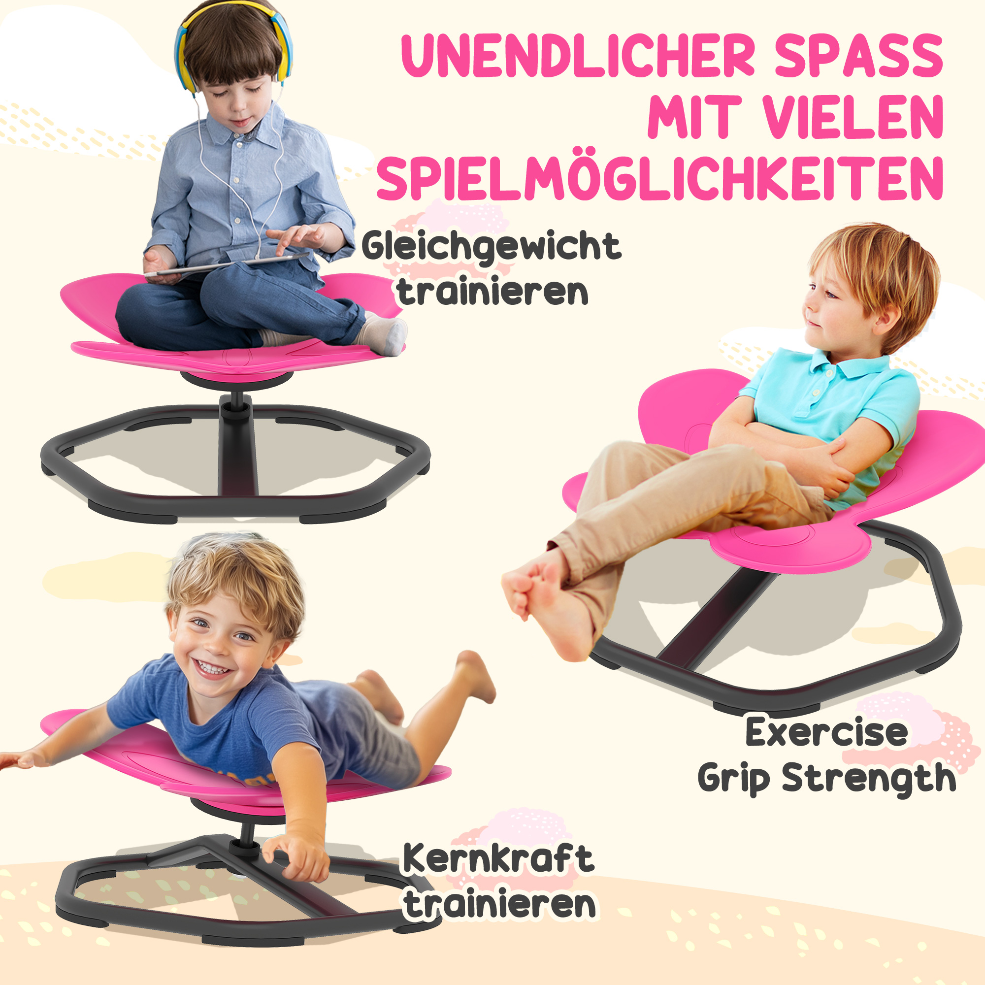 Sensorischer Drehstuhl für Kinder, Schmetterlings-Form, fördert Balance und Koordination, Kunststoff, Metall, Rosa