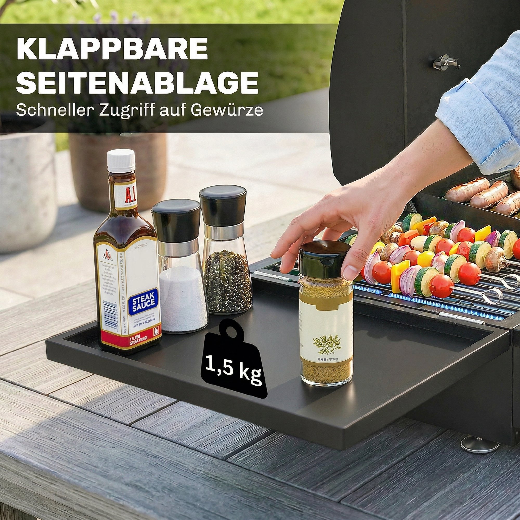 Gasgrill 7,5 KW Tragbarer Tischgrill mit 3 Brenner Seitentisch Bratenplatte Emaille-Grillroste Fettauffangschale