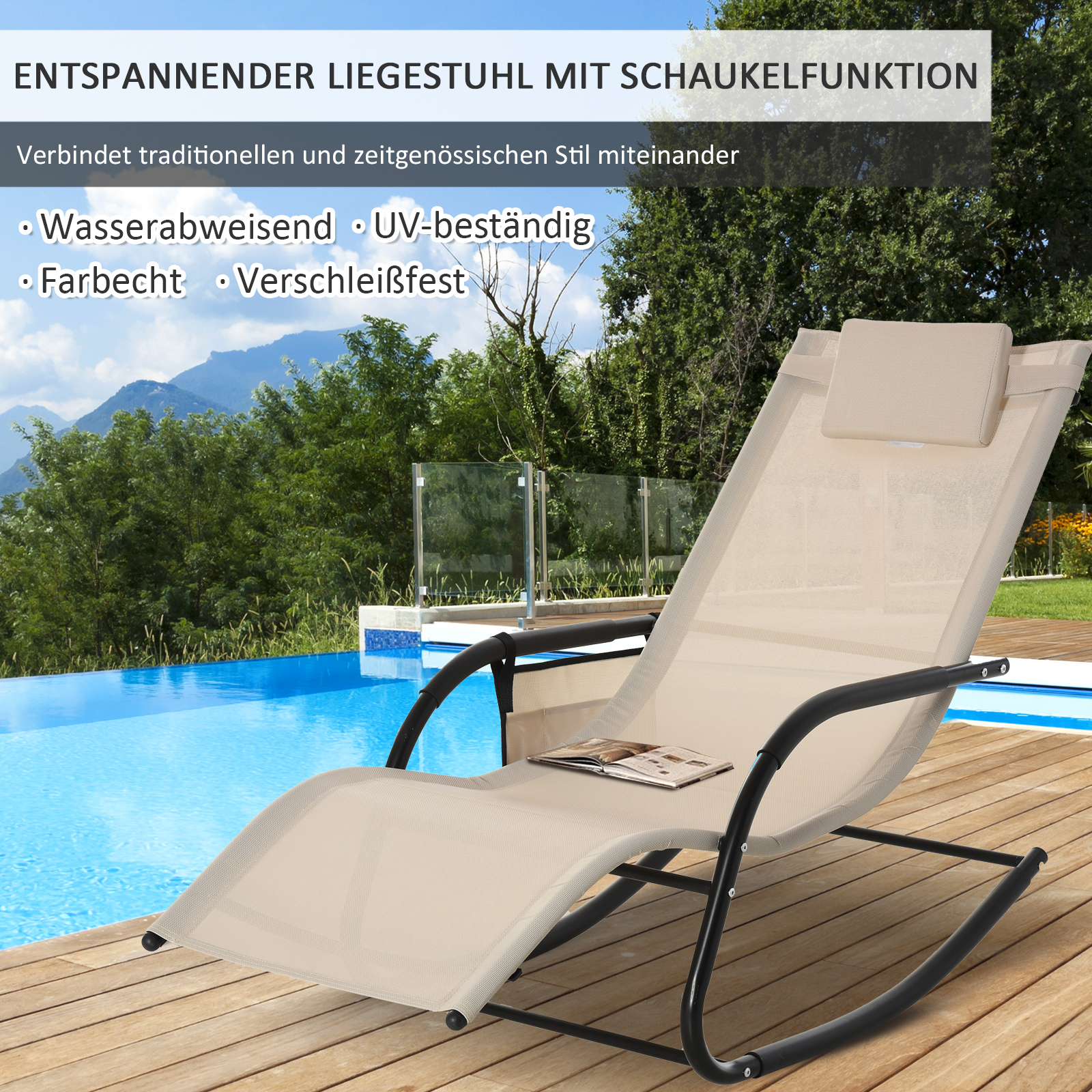 Schaukelstuhl Schwingsessel Gartenstuh Schaukelliege Metall Mesh Beige 150 x 62 x 88 cm