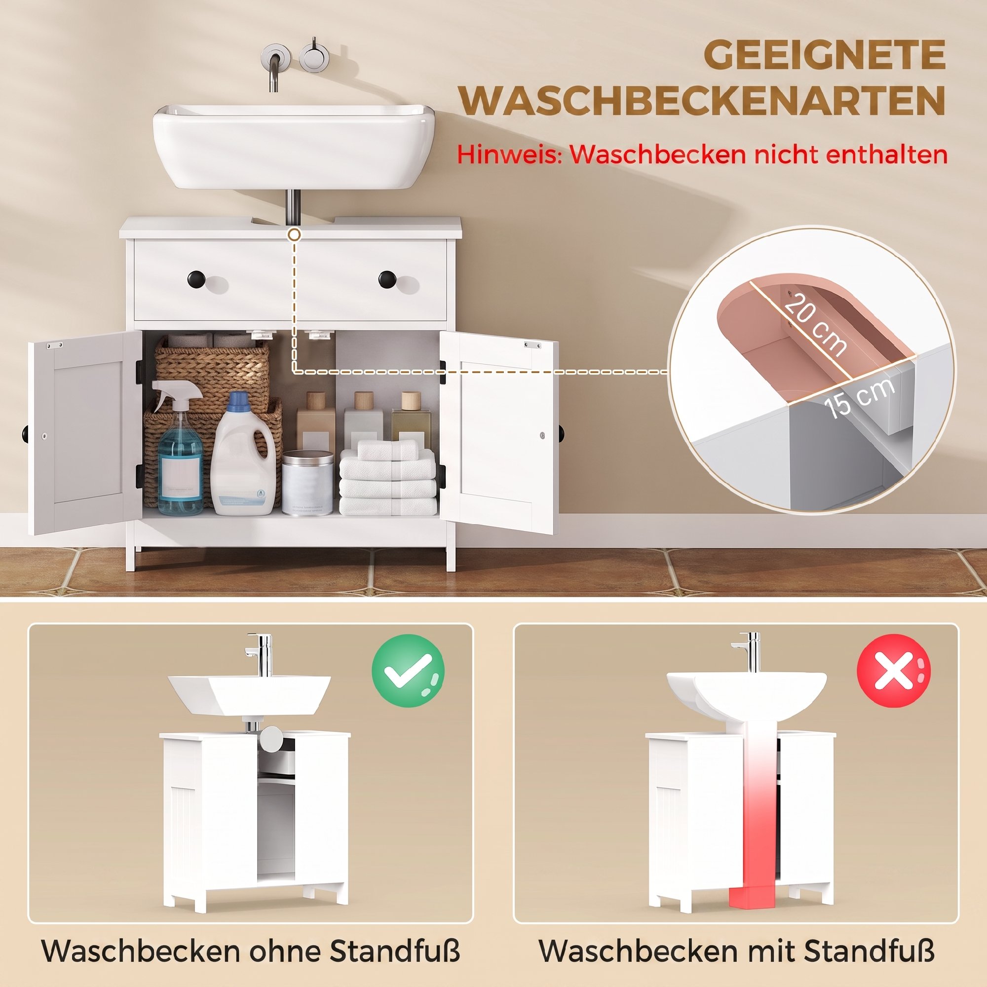 Waschbeckenunterschrank, modern und freistehend, mit Soft-Close-Scharnieren, Schublade und 2 Türen, Weiß