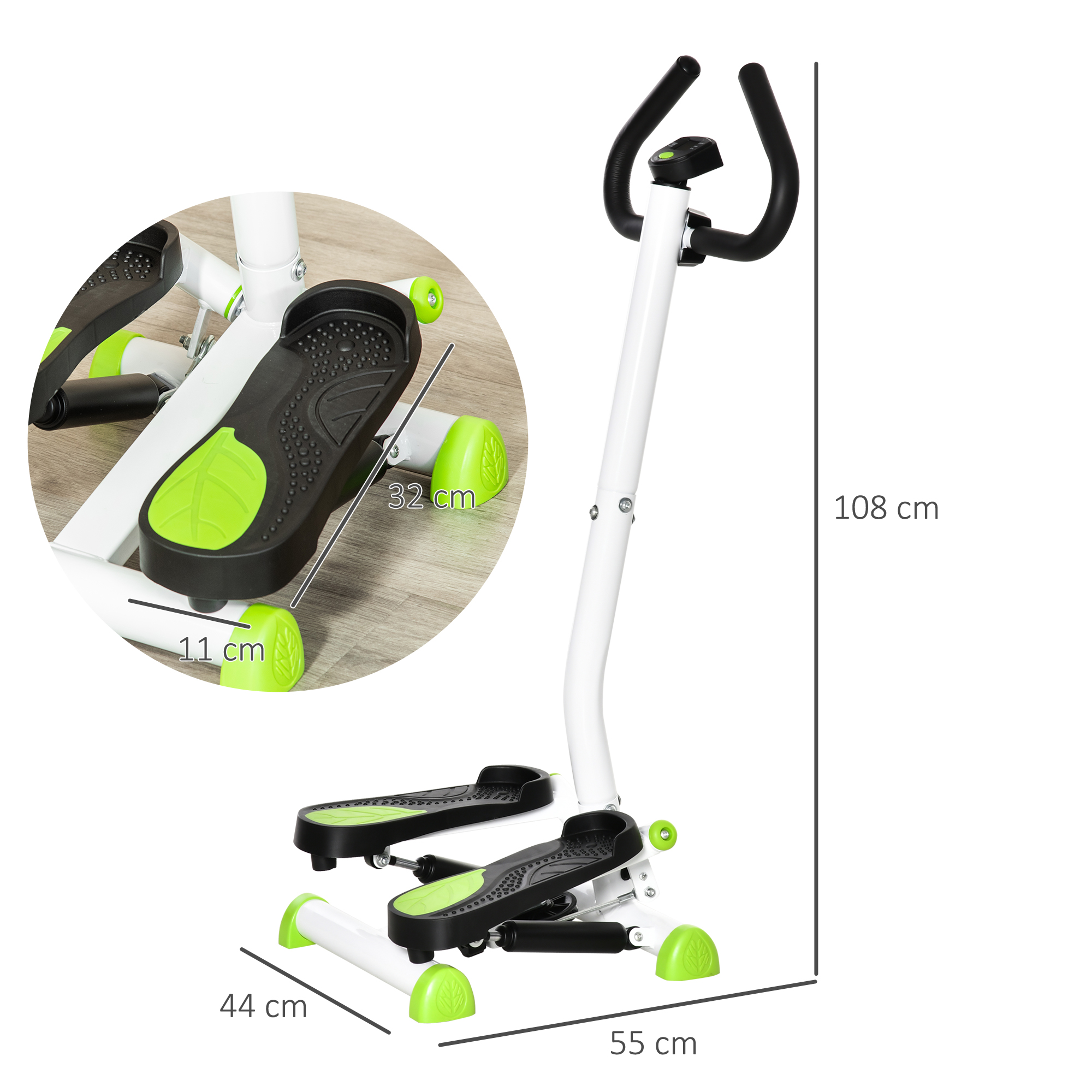 Stepper Fitnessgerät, LCD-Monitor, rutschfeste Pedale, Stahl und ABS, 55x44x108 cm, Grün+Schwarz