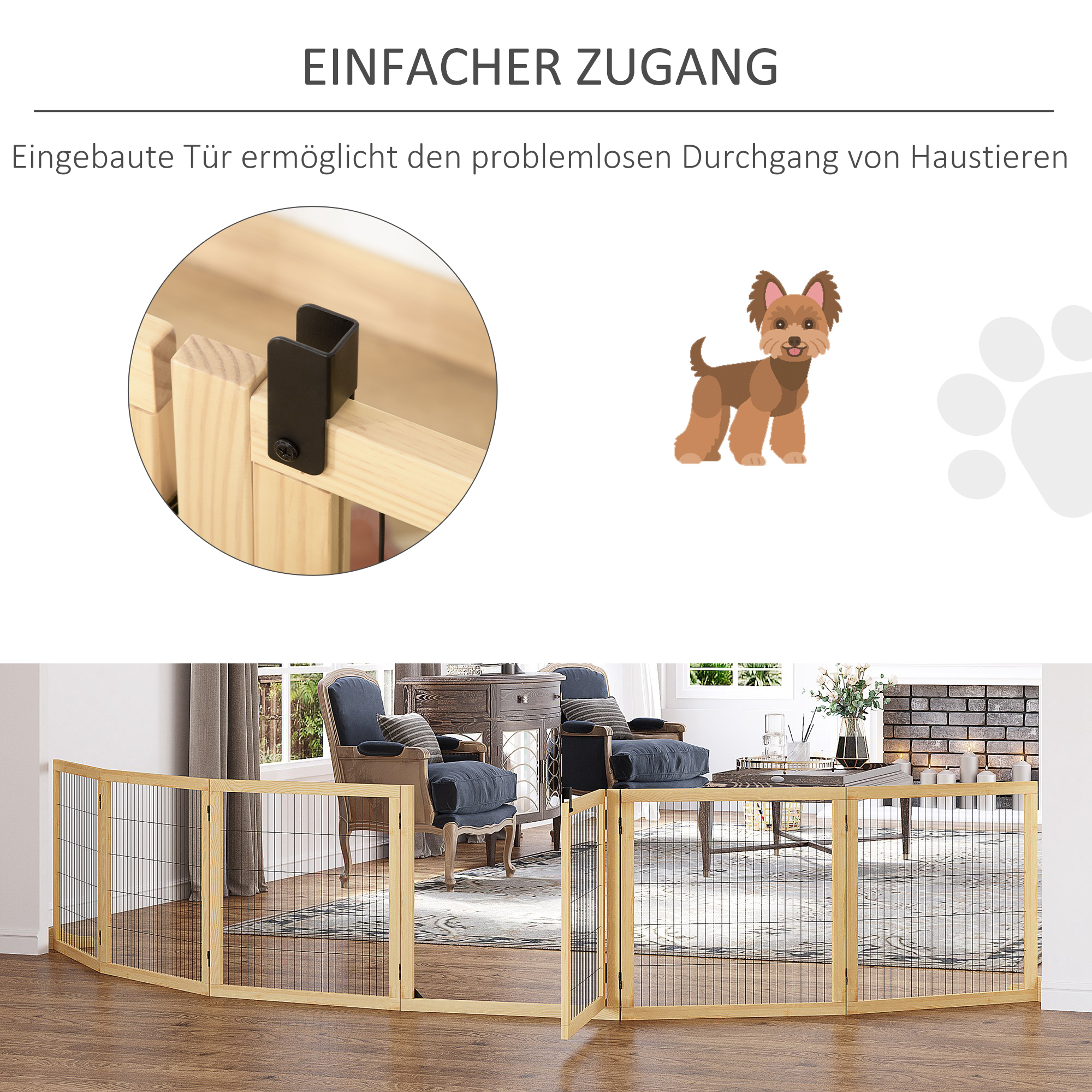 Haustiergitter Absperrgitter für Hunde, Kiefernholz, klappbar 432 x 36 x 70c m, Natur