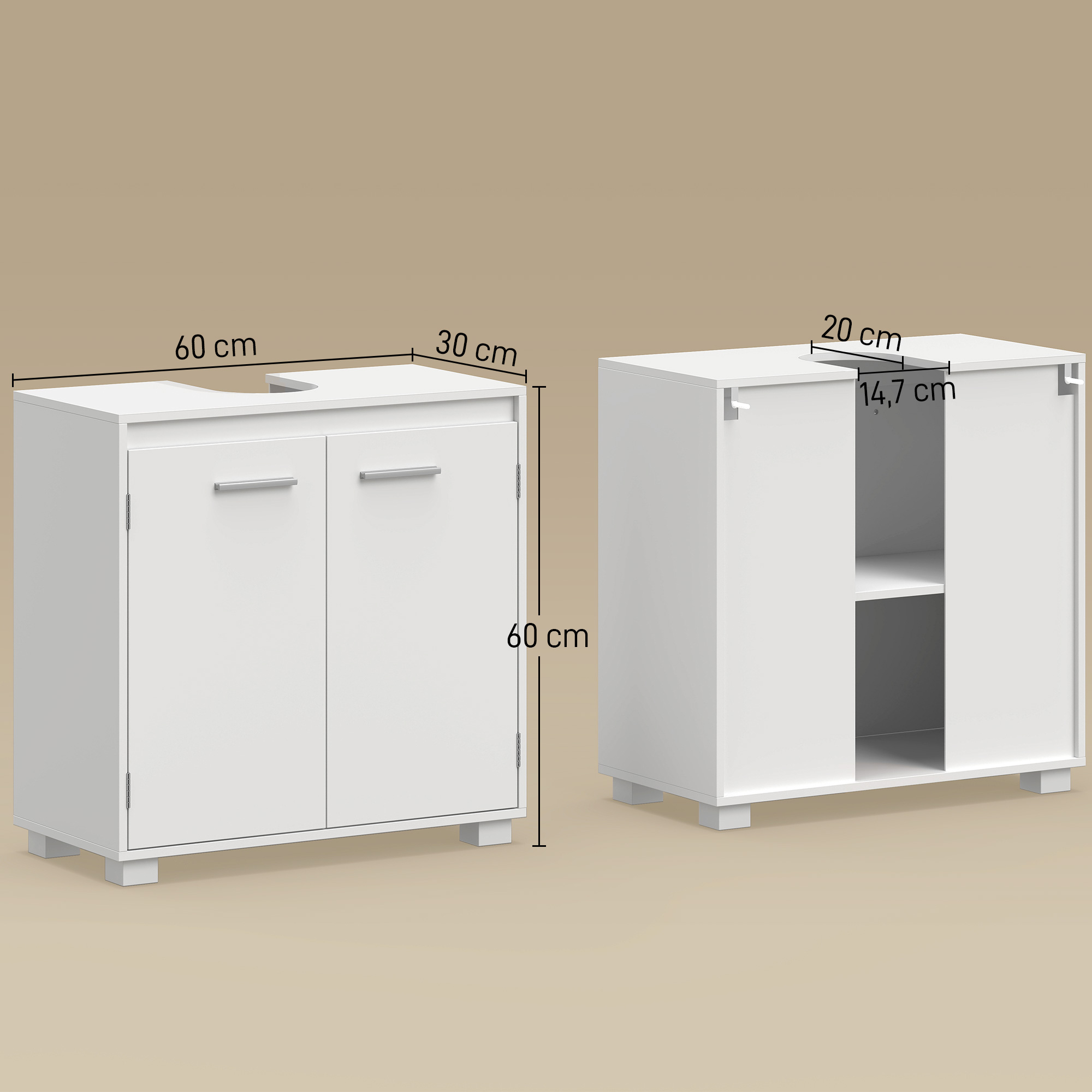 Waschbeckenunterschrank, Modernes freistehendes Badmöbel mit U-förmiger Aussparung, verstellbarem Regal, Weiß