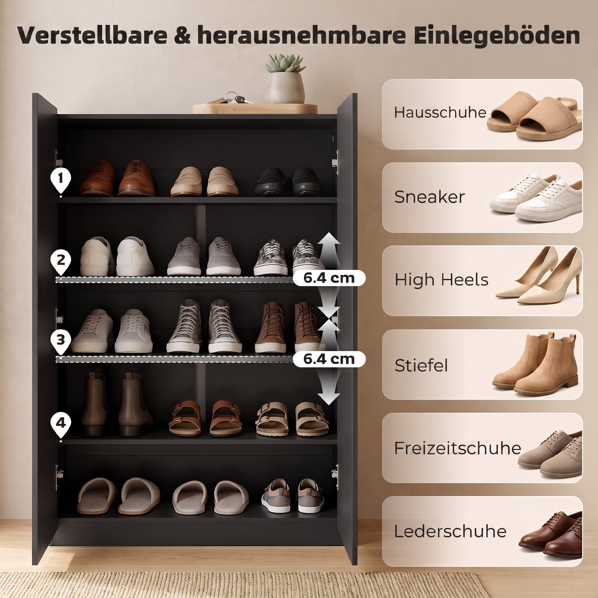5-stufiger Schuhschrank für 20 Paar Schuhe, verstellbare Regale, für Eingangsbereich, Flur, Schwarz