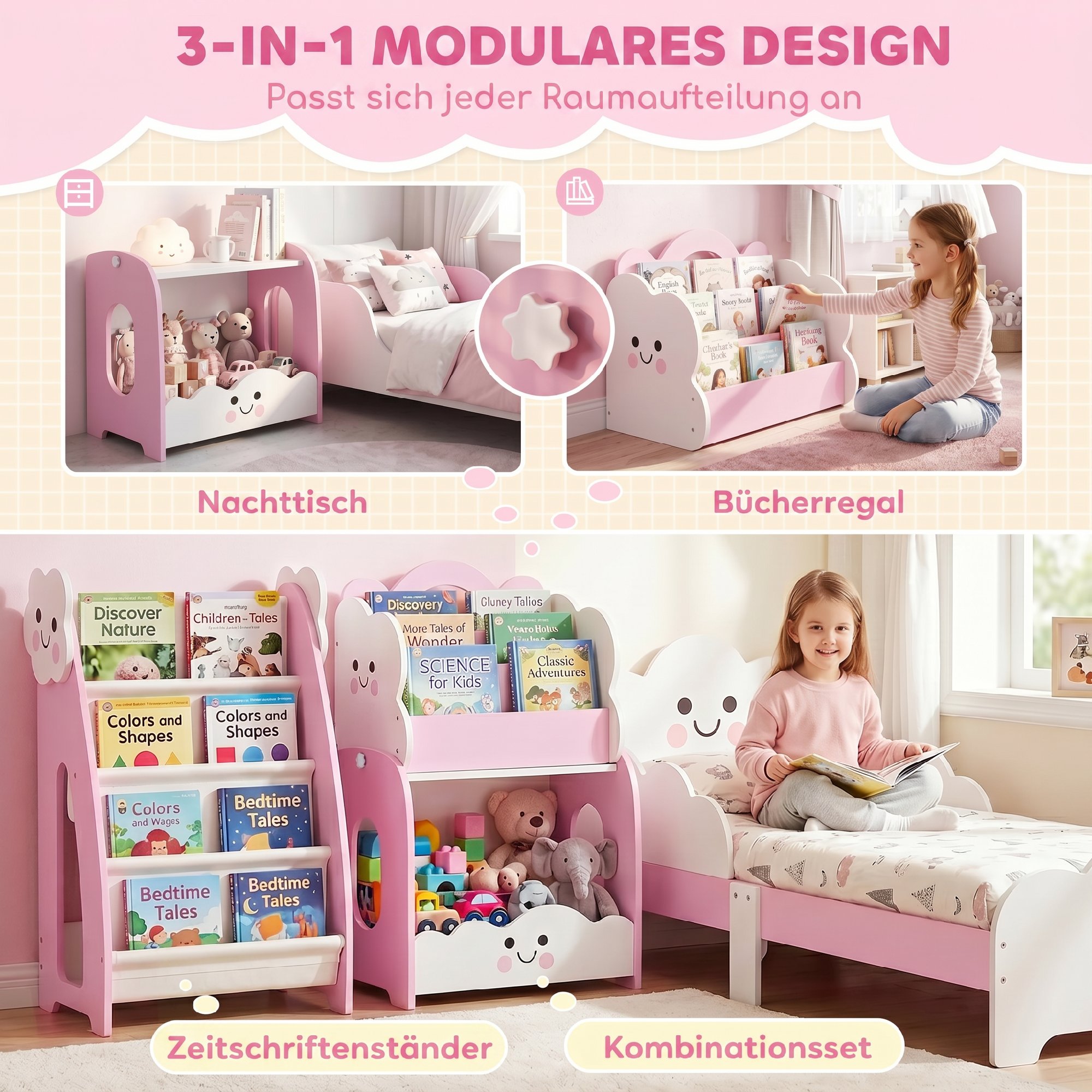 3-in-1 Kinderregal mit Spielzeugaufbewahrung, Modularer Bücherregal mit 4 Taschen & 3 Ebenen sowie Nachttisch, Rosa