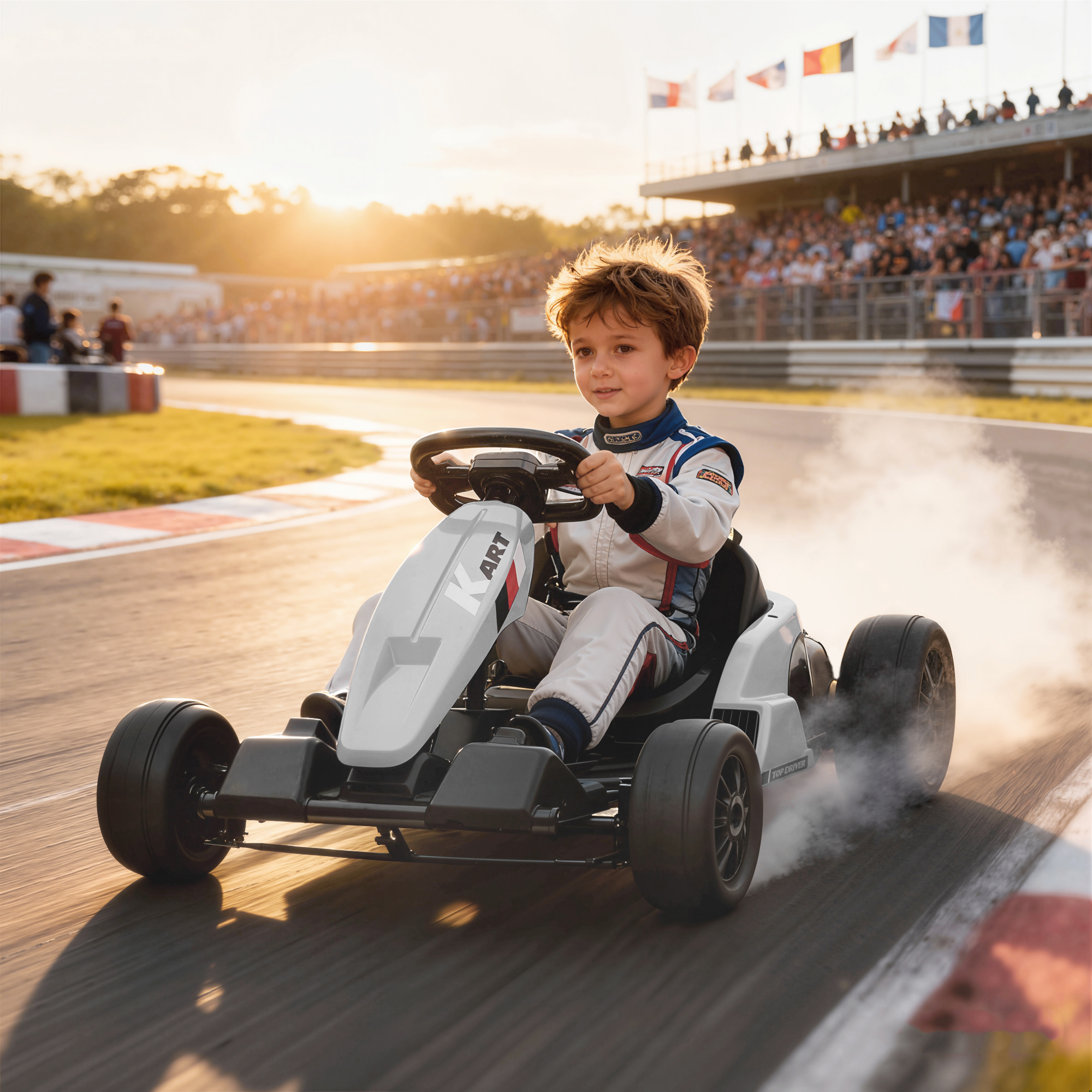 24 V Elektro Go-Kart für Kinder Bis 18 Km/h Gokart mit Drift-Funktion, Drift-Kart mit 2 Motoren verstellbar Sitz Weiß