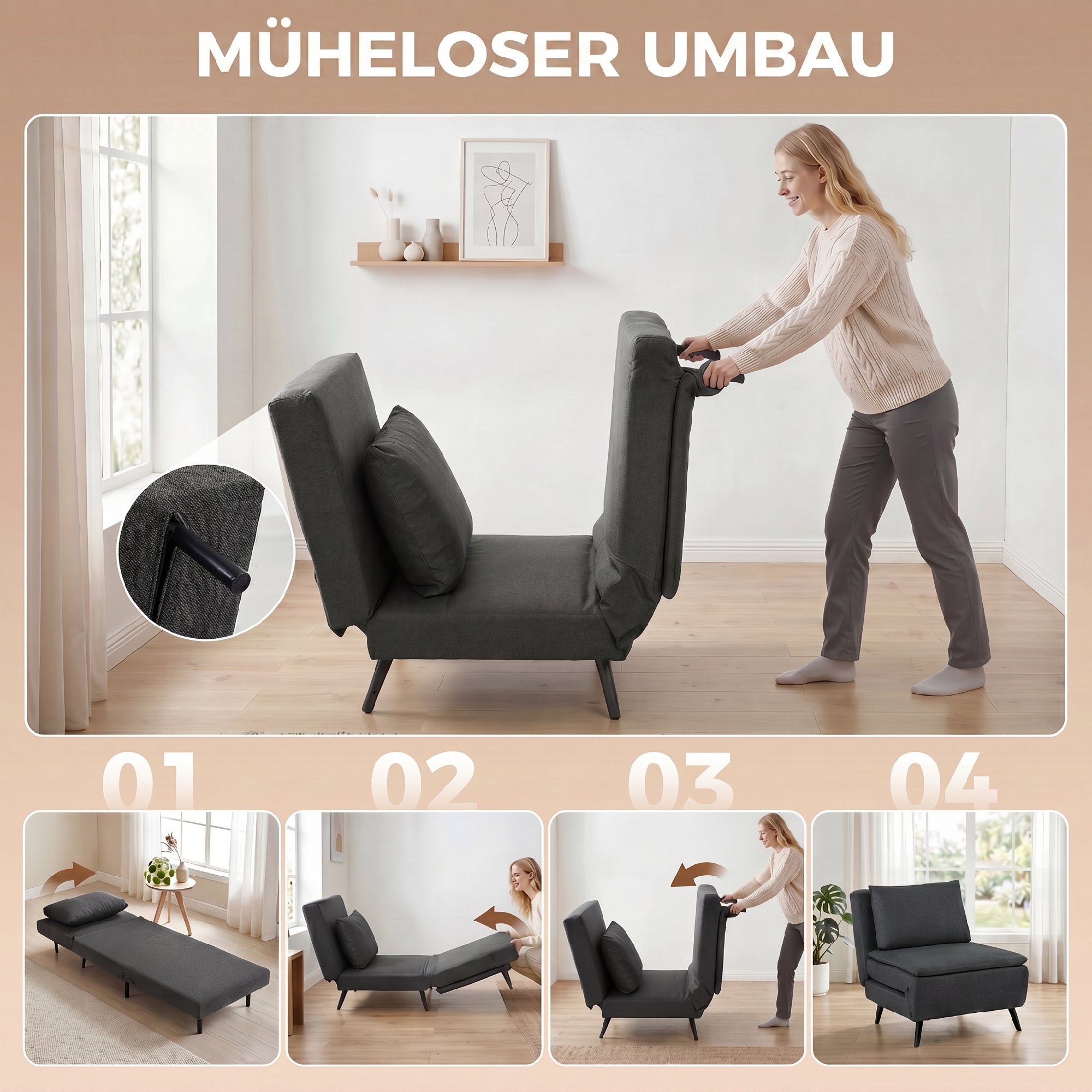 Schlafsessel, 3-in-1 Klappbarer Leinen-Schlafsessel mit verstellbarer Rückenlehne, S-Federn, Metallbeinen, Dunkelgrau