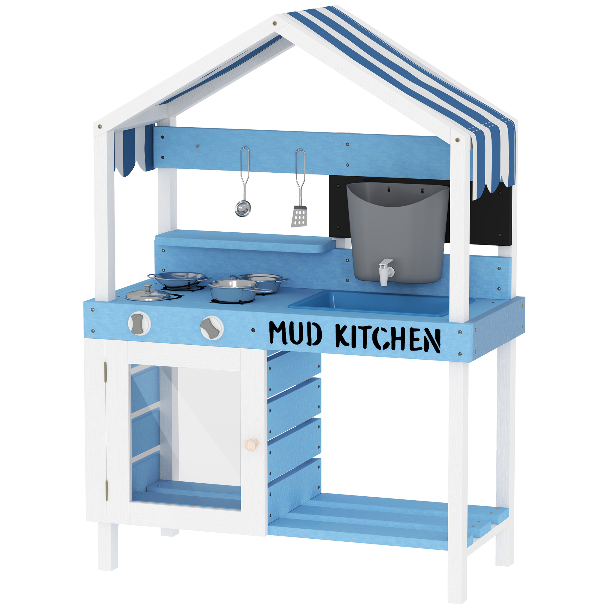Outdoor-Spielküche für Kinder mit Sonnendach, Kochgeschirr-Set, Massivholz, Blau Outdoor-Spielküche für Kinder mit Sonnendach, Kochgeschirr-Set, Massivholz, Blau