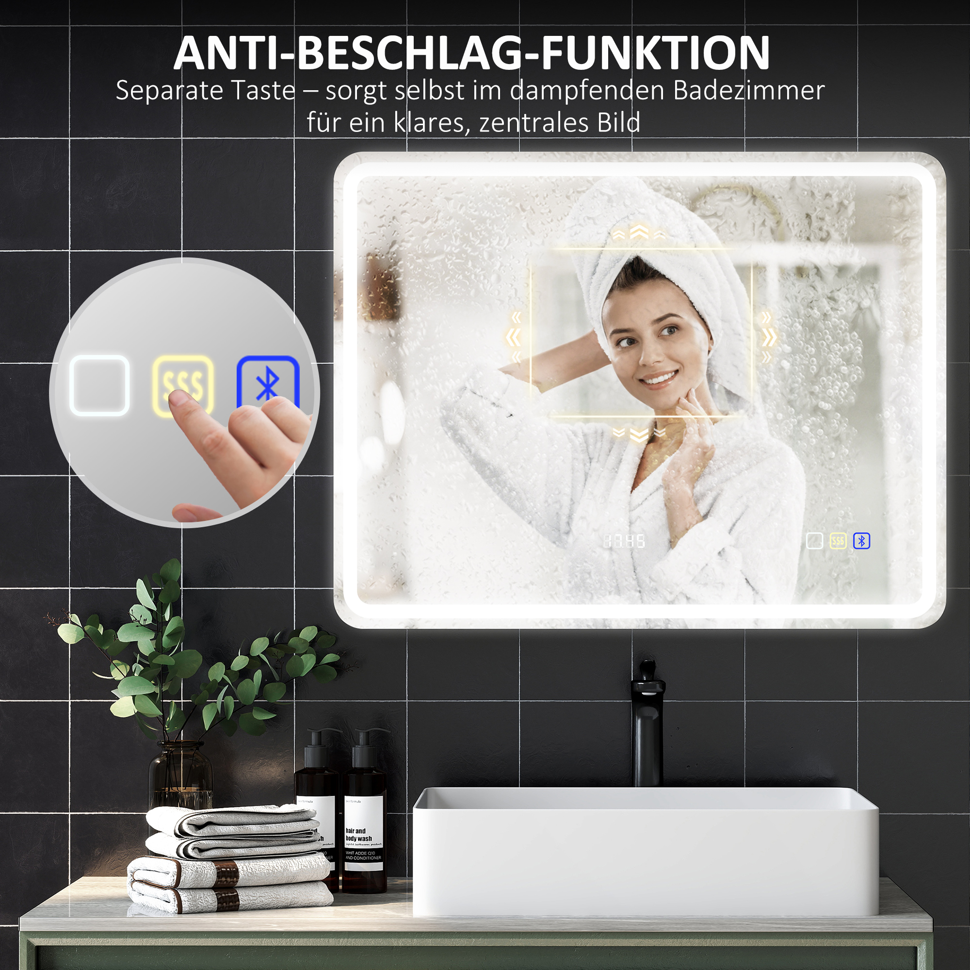 Badezimmerspiegel mit LED-Beleuchtung, Anti-Beschlags-Pad, 3 verstellbare Farben, Uhr, 700 x 900 mm, Silberfarben
