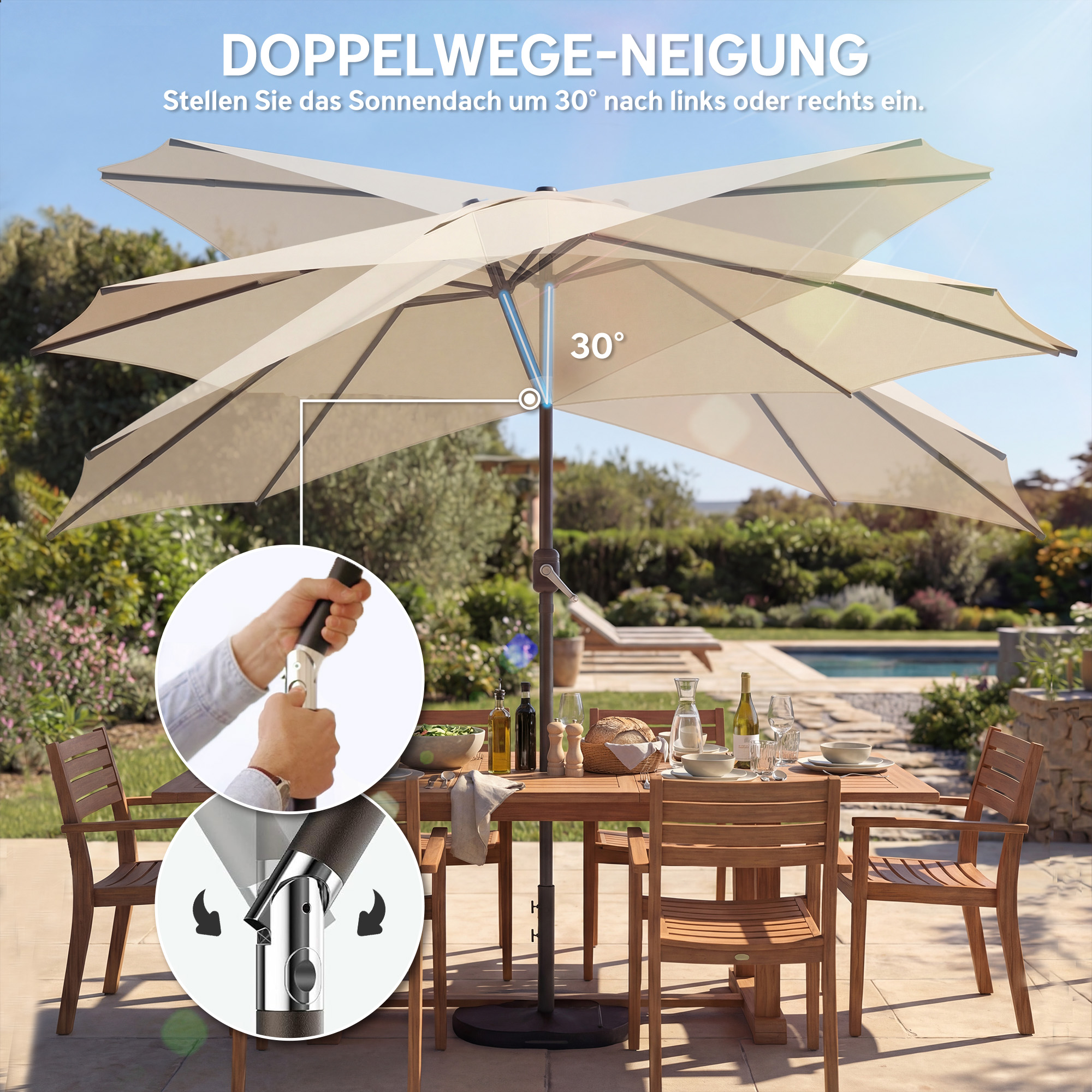 Sonnenschirm ca. Ø300 cm neigbar Balkonschirm mit Kurbel Kreuzfuß Sandsack, UV 30+ Einziehbar Cremeweiß