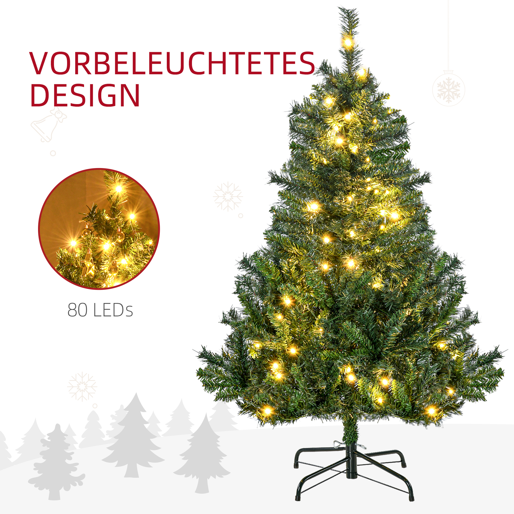 Weihnachtsbaum Christbaum Kunsttanne, 1,2m, LEDs, inkl. Stern, 75 cm x 75 cm x 120 cm, Grün
