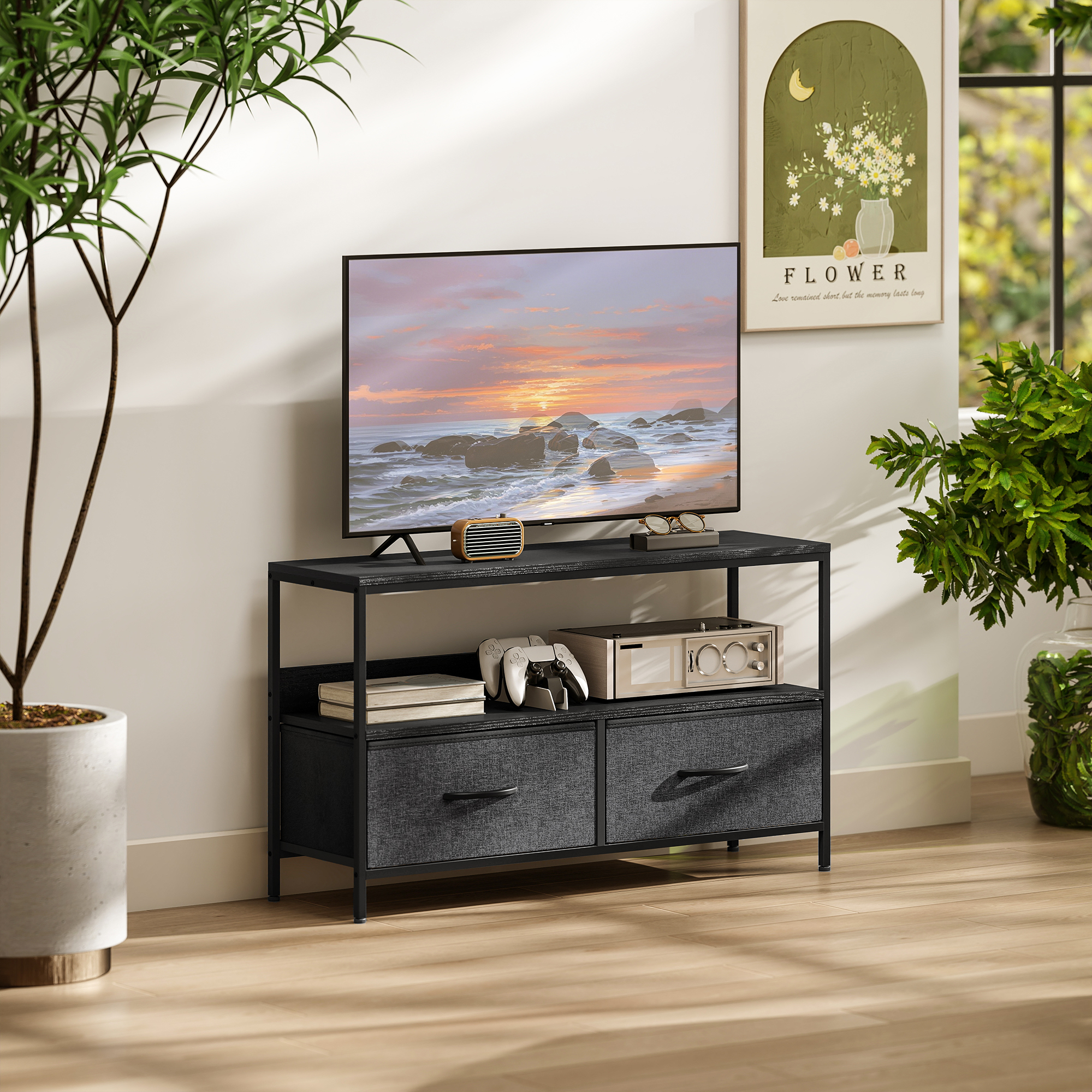 TV Schrank Lowboard mit 2 Schubladen, offenem Fach, für Fernseher bis 47 Zoll, 98 x 29 x 56 cm, Schwarz+Dunkelgrau
