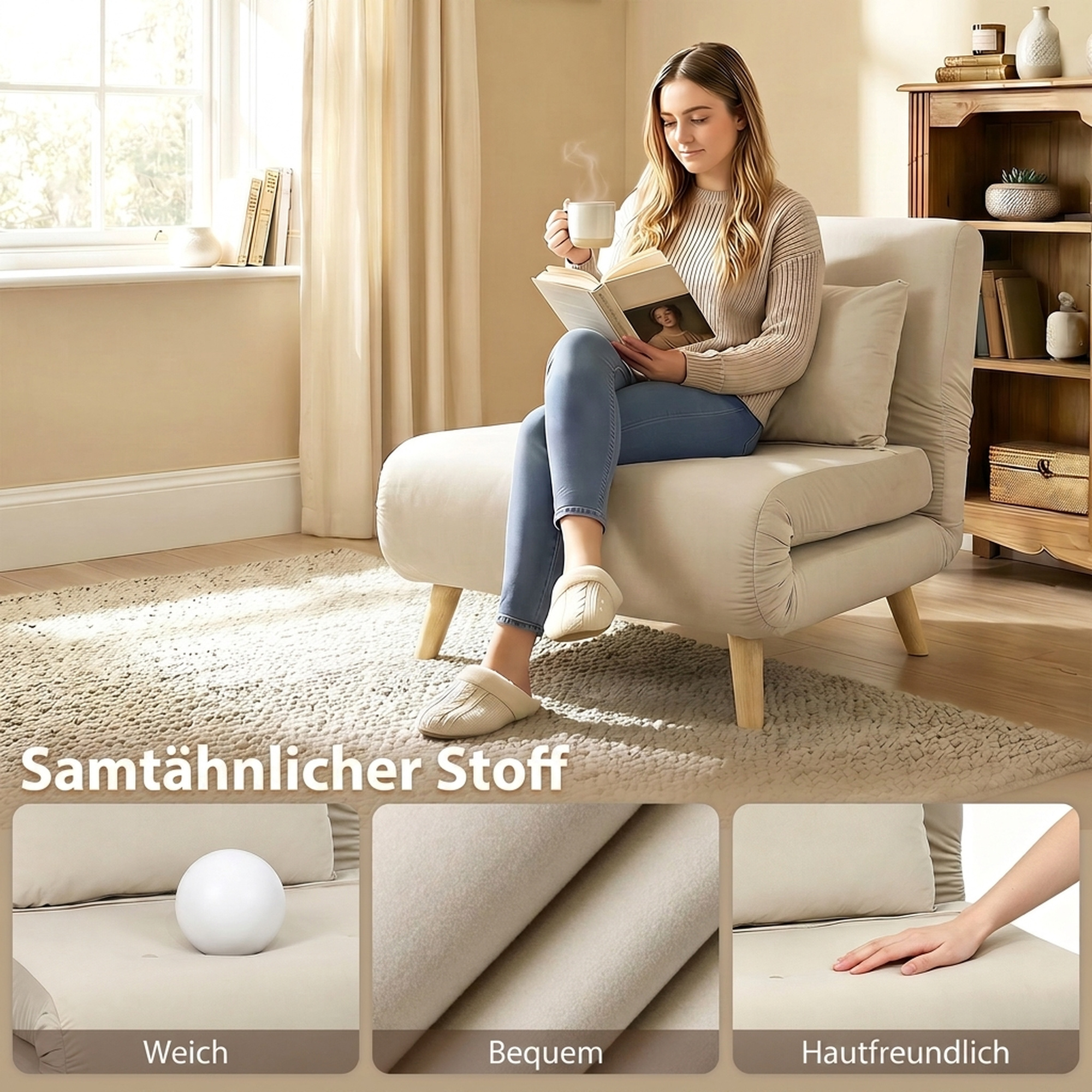 3-in-1 Schlafsessel, Klappsessel mit Schlaffunktion, verstellbare Click-Clack-Rückenlehne, Beige