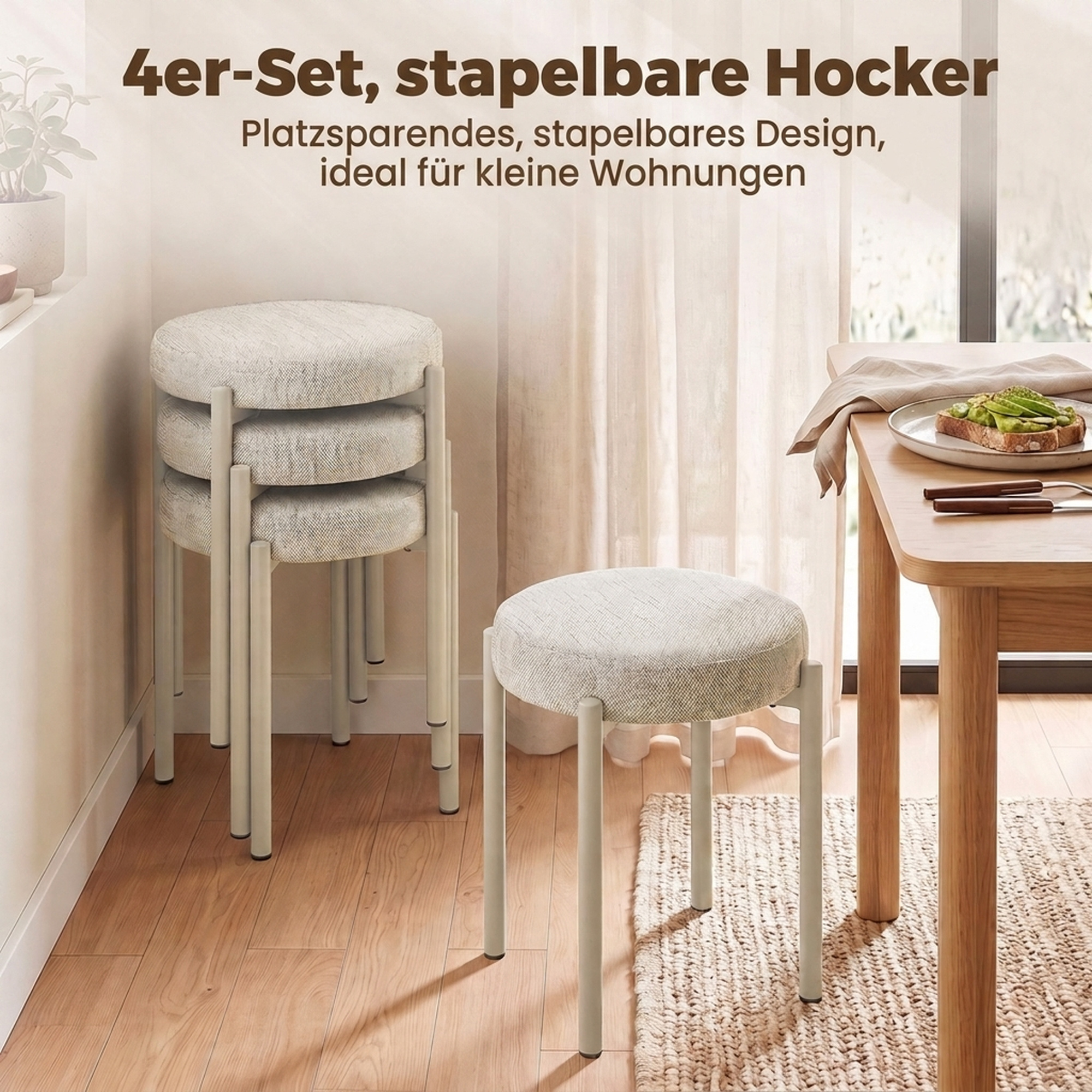 Esszimmerhocker 4er Set Stapelbare Sitzhocker mit Stahlbeinen, Leinenoptik für Esszimmer, Wohnzimmer, Küche, Cremeweiß