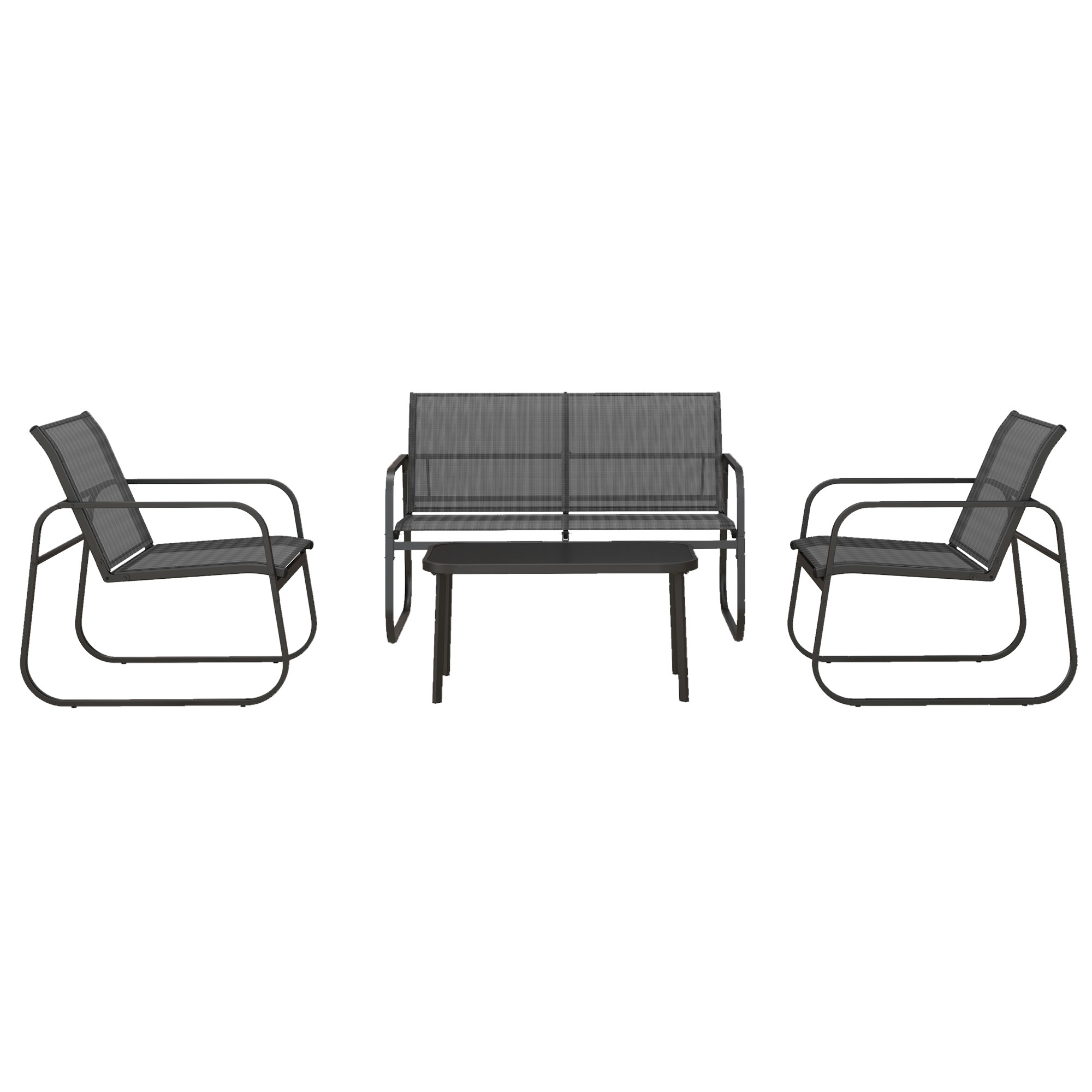 4-teilige Gartengarnitur, 2 Sessel, 2-Sitzer-Sofa, Tisch mit Glasplatte, atmungsaktiver Stoff, Metallrahmen, Schwarz 4-teilige Gartengarnitur, 2 Sessel, 2-Sitzer-Sofa, Tisch mit Glasplatte, atmungsaktiver Stoff, Metallrahmen, Schwarz