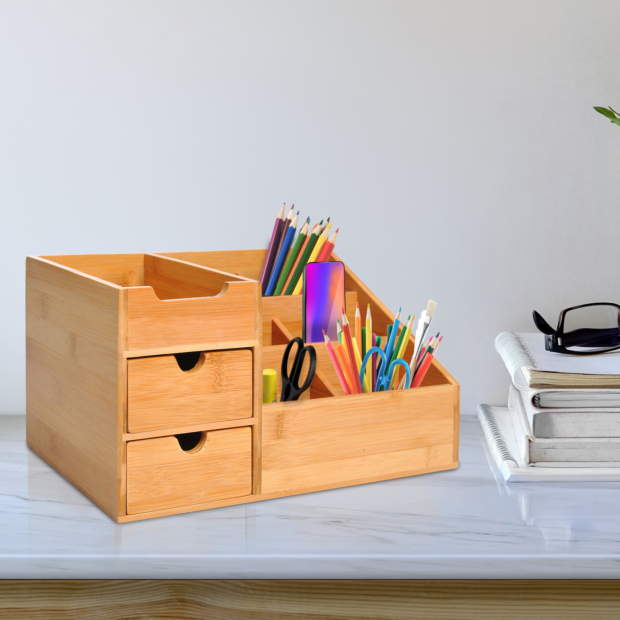 Schreibtischorganizer Aufbewahrungsbox Büro Box Organisation 2 Schubladen Natur L33 x B20,5 x H15,5 cm