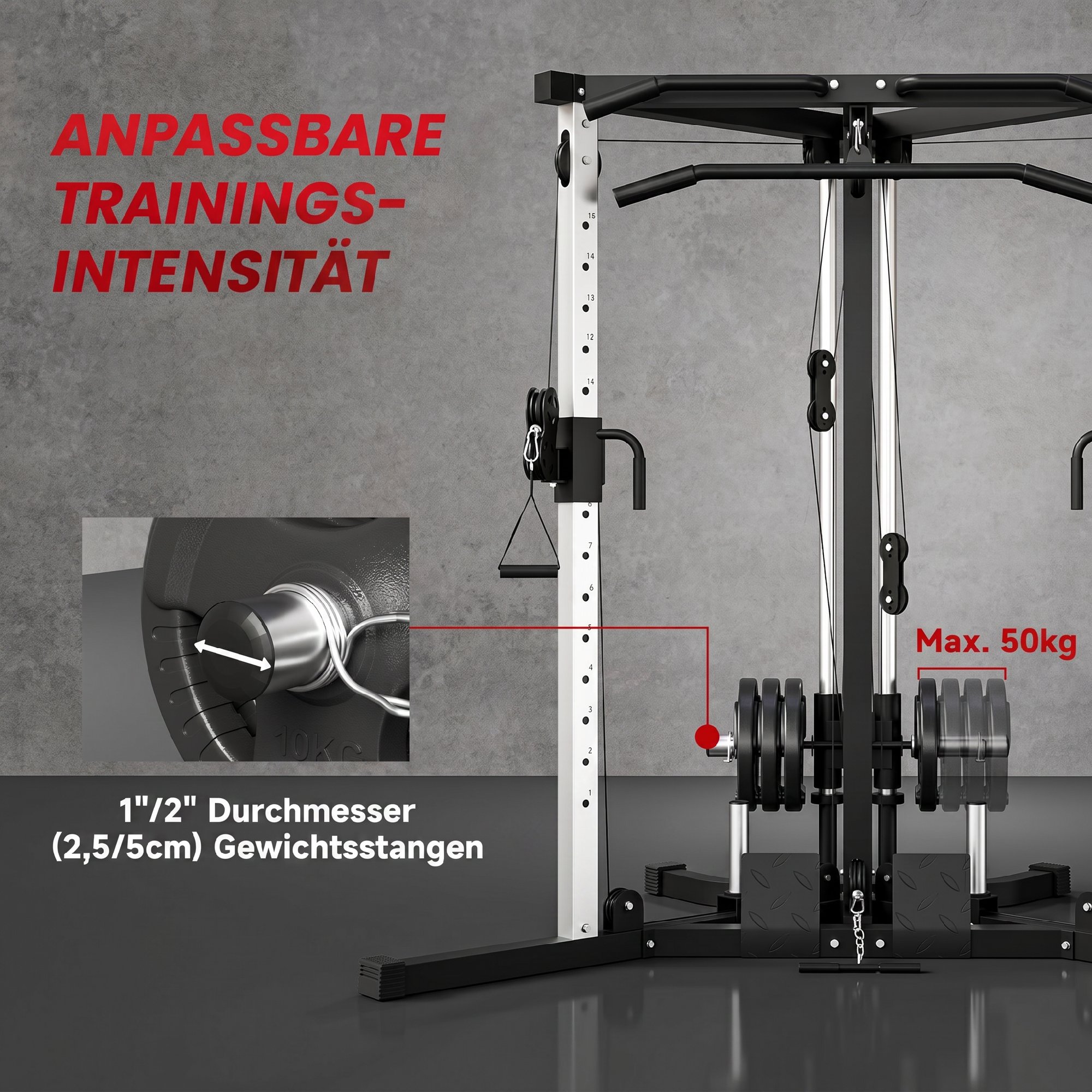 Kraftstation Fitnessstation mit Latzug, Klimmzugstange Curl-/Ruderstange Griffe, 15-fach verstellbar