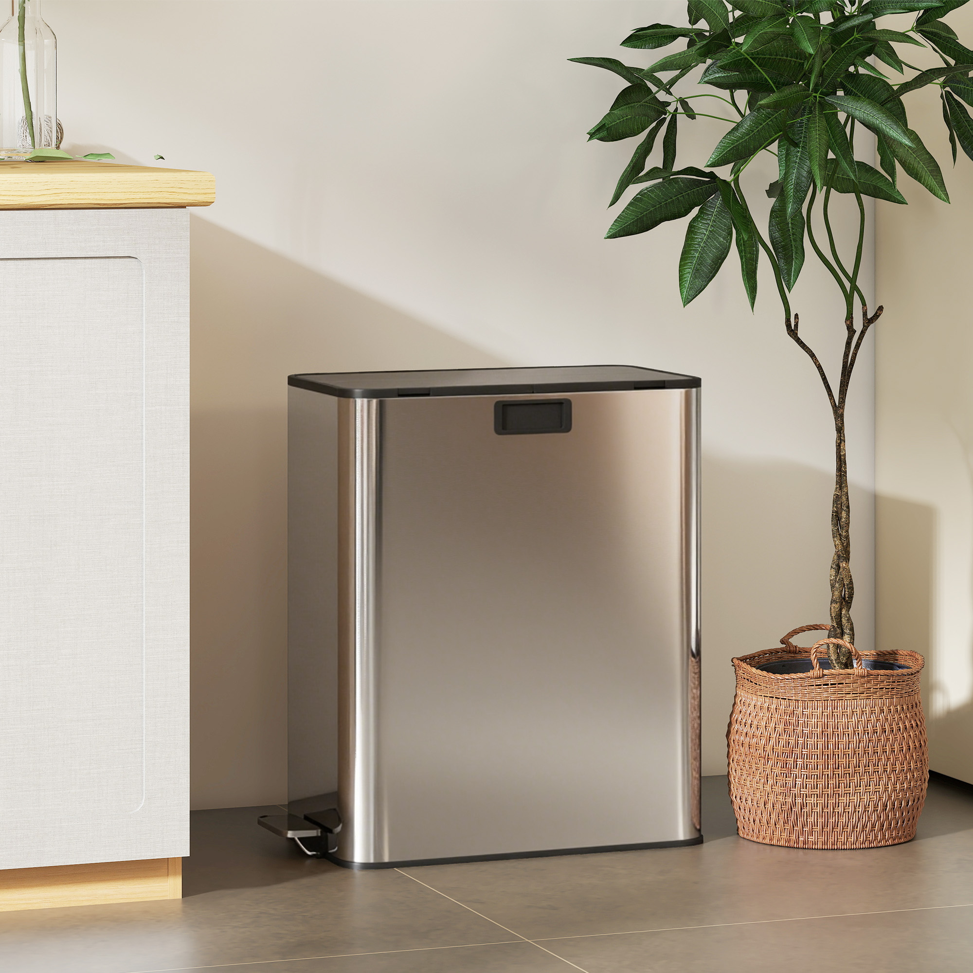 Küchenmülleimer 2 x 28L Edelstahl-Tretmülleimer mit Soft-Close-Deckel, herausnehmbaren Inneneimern