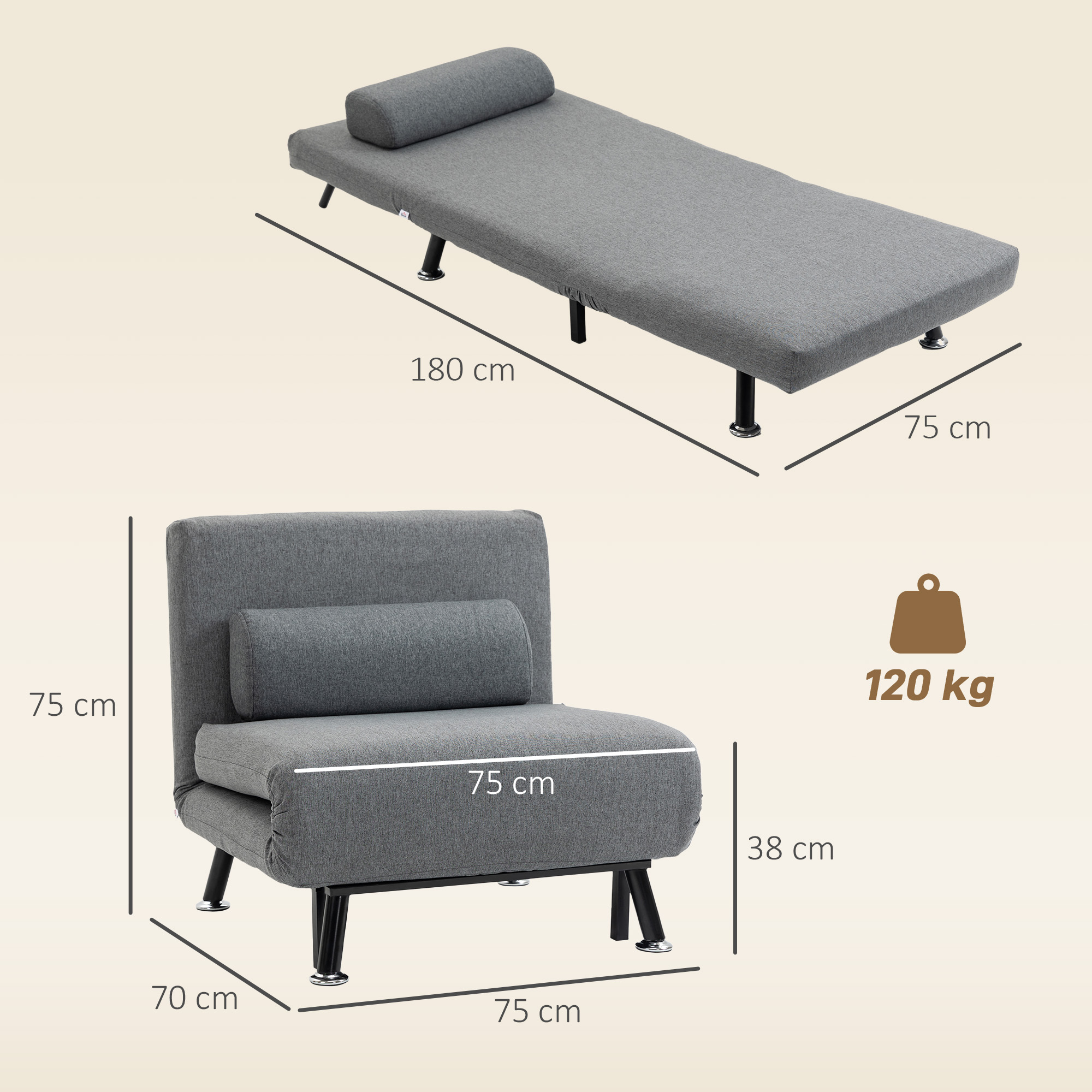 Klappsessel mit Bettfunktion, klappbarer Relaxsessel in Leinenoptik, Verstellbare Rückenlehne, 75 x 70 x 75 cm, Dunkelgrau
