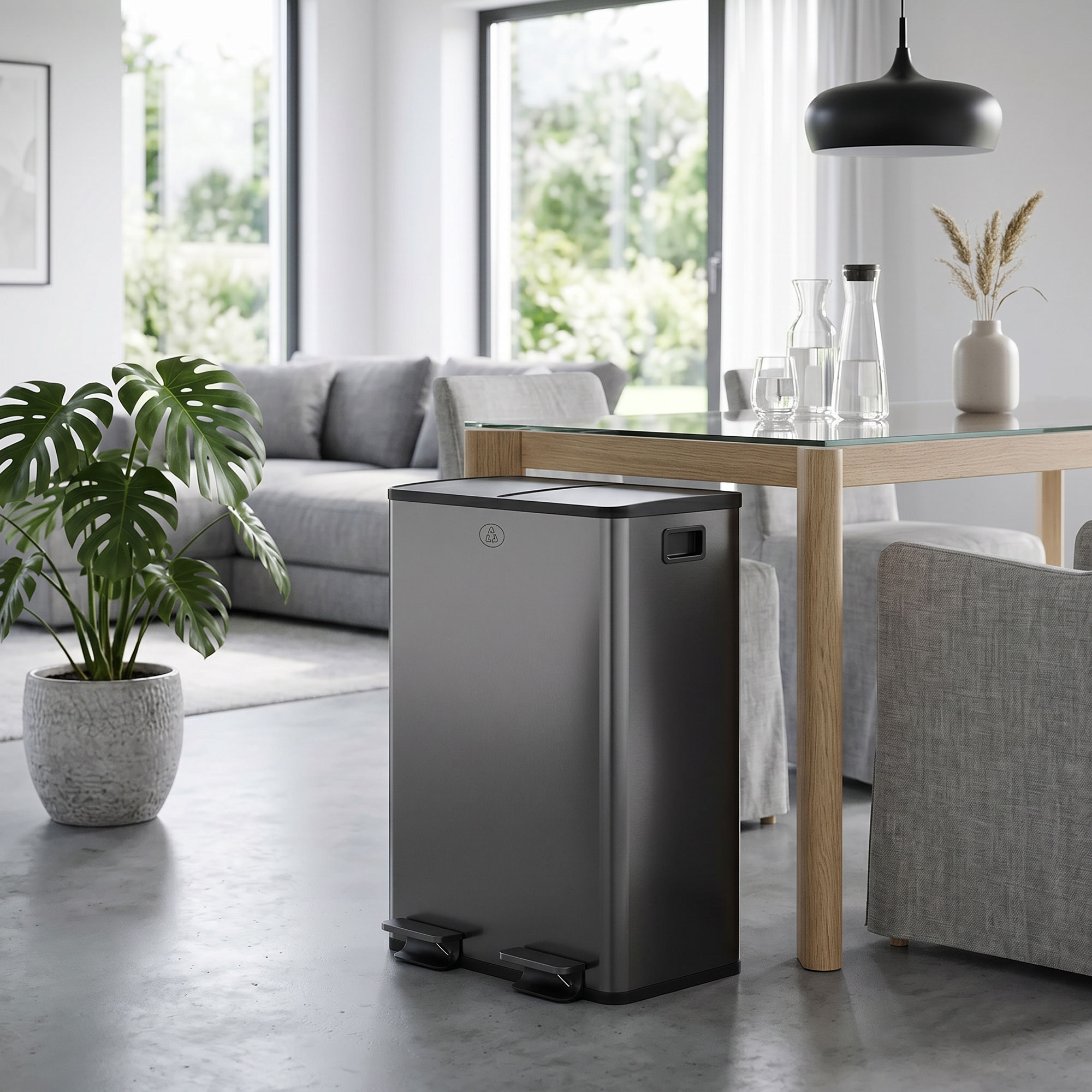 2 x 28 L Doppelmülleimer, Pedalöffnung, leicht zu reinigen, Edelstahl, Kunststoff, Schwarz