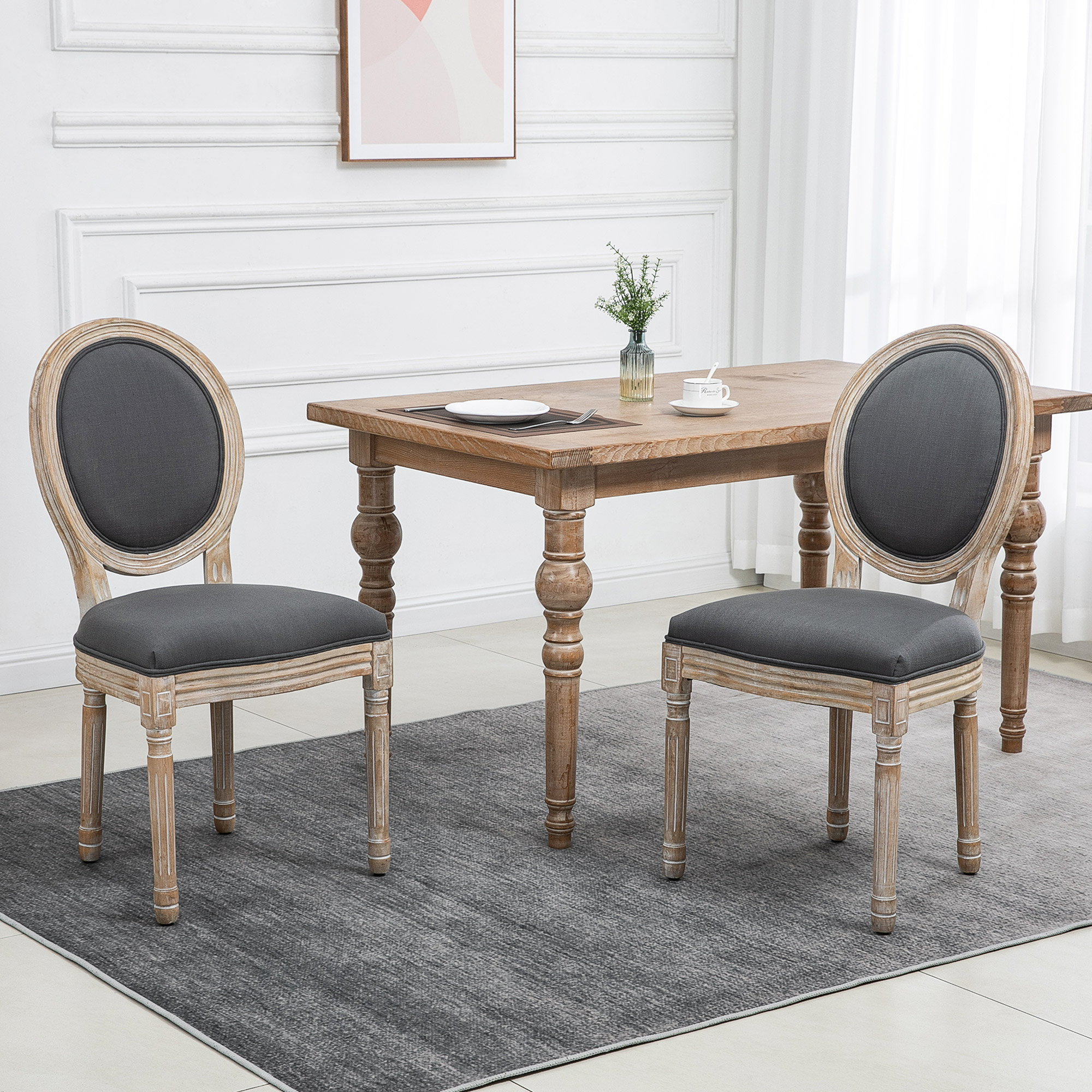 Esszimmerstühle 2er Set Küchenstuhl mit Rückenlehne, Leinenoptik für Esstisch, Grau+Natur
