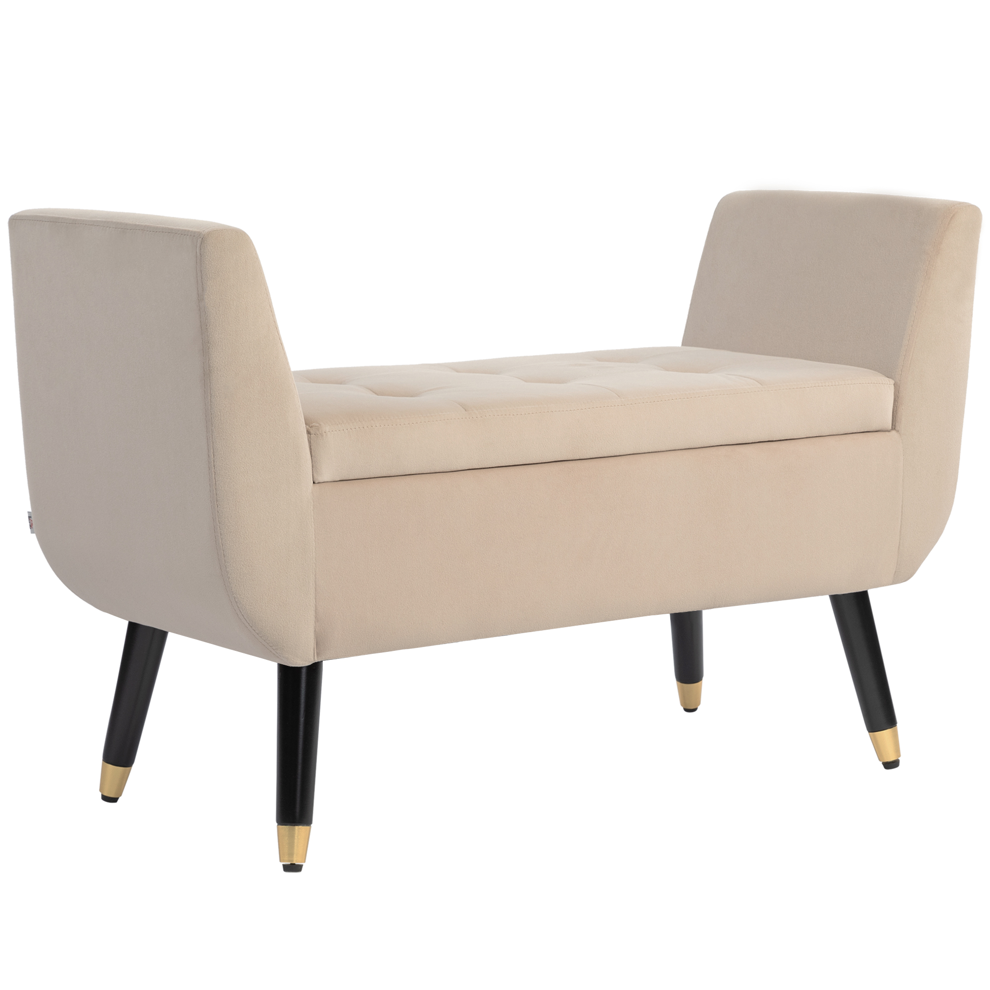 Polsterbank mit Stauraum, Armlehnen, Samtartiges Polyester, Kautschukholz, 107 x 42 x 65 cm, Beige