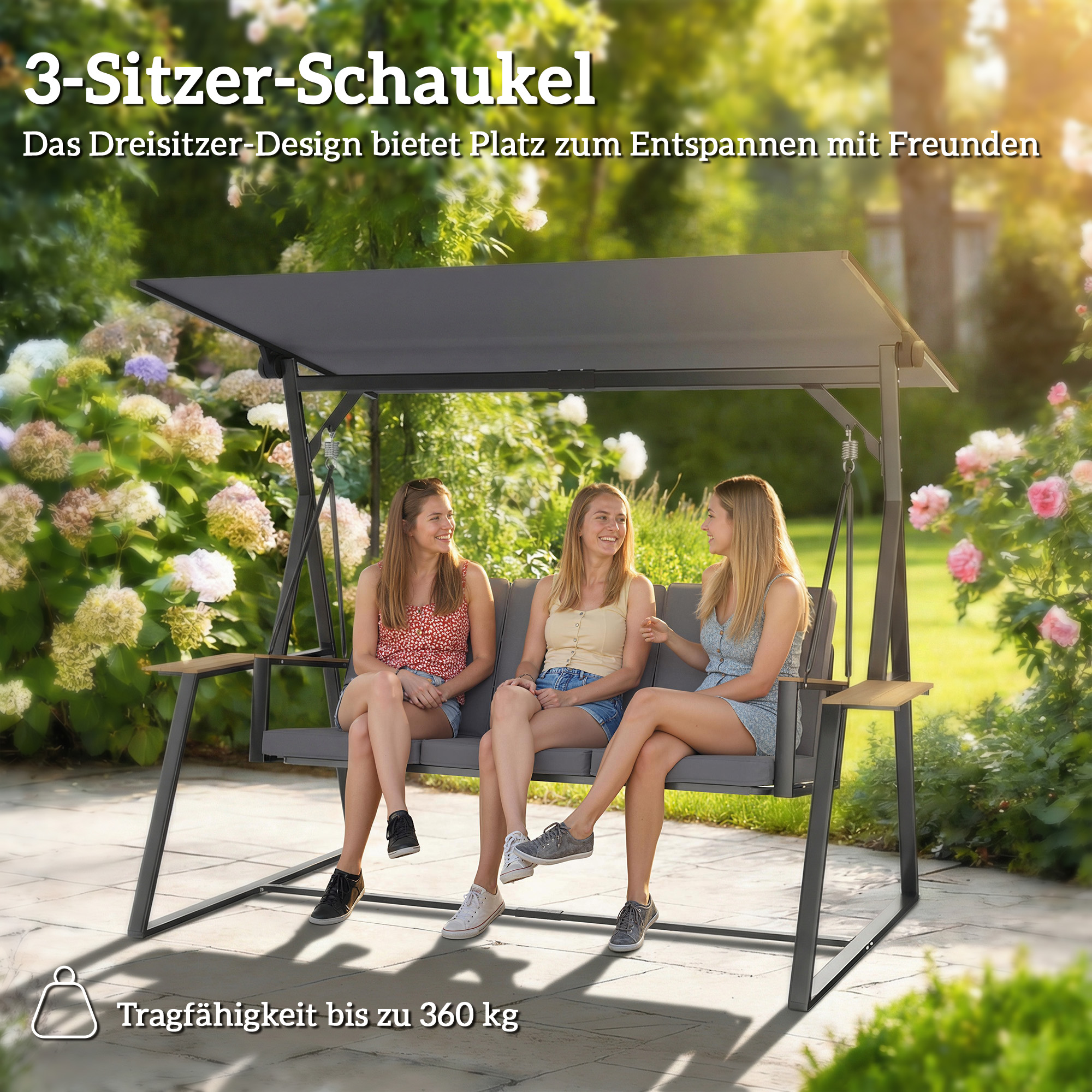 3-Sitzer Gartenschaukel mit verstellbarem Dach, Kissen und Getränkeablagen, 360 kg Tragkraft, Grau