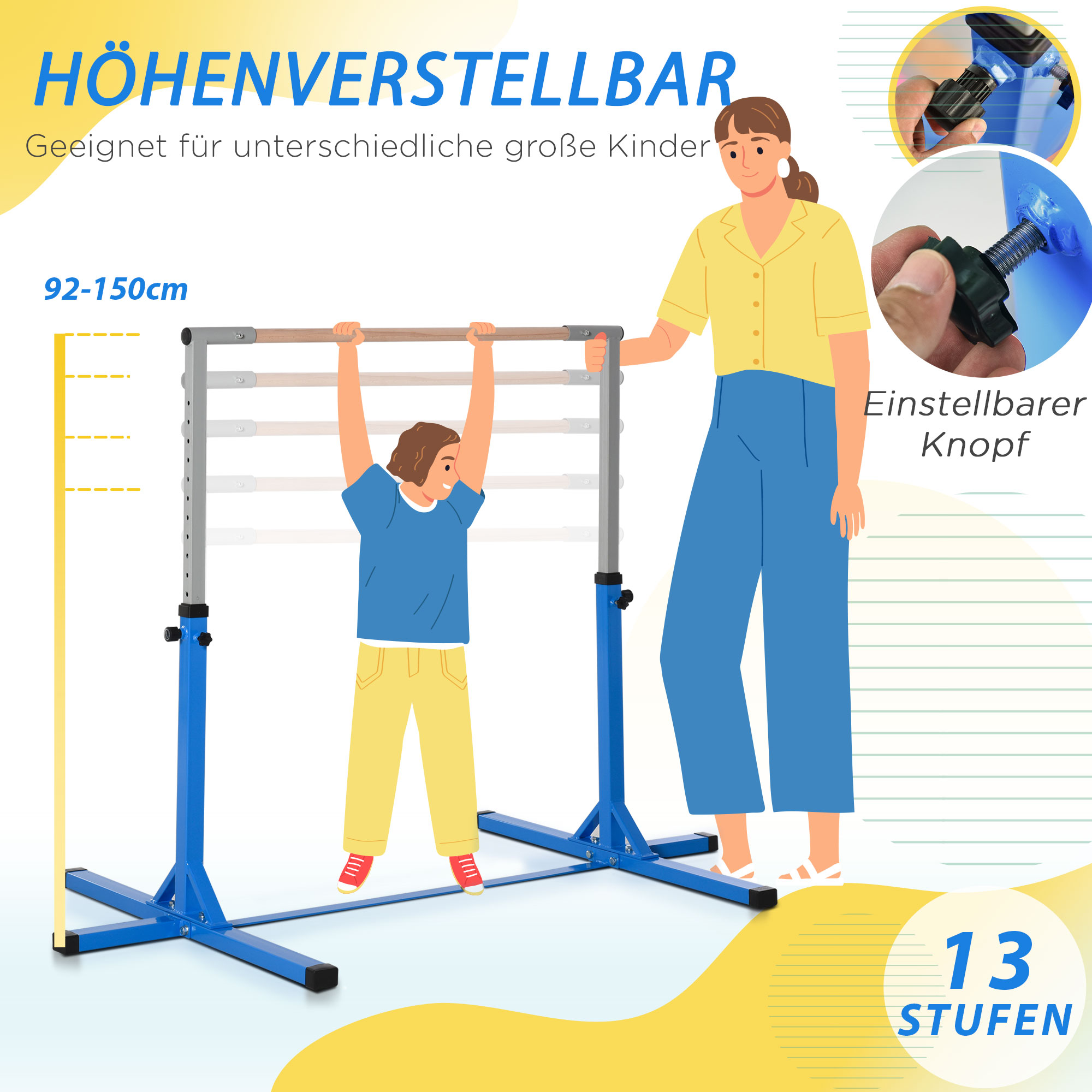 Gymnastik-Turnreck, 13-stufig höhenverstellbar Reckstange, Reck Turnstange aus Holz & stabile Stahlkonstruktion bis 75 kg belastbar, für 3+ Kinder, Indoor, Outdoor, Blau
