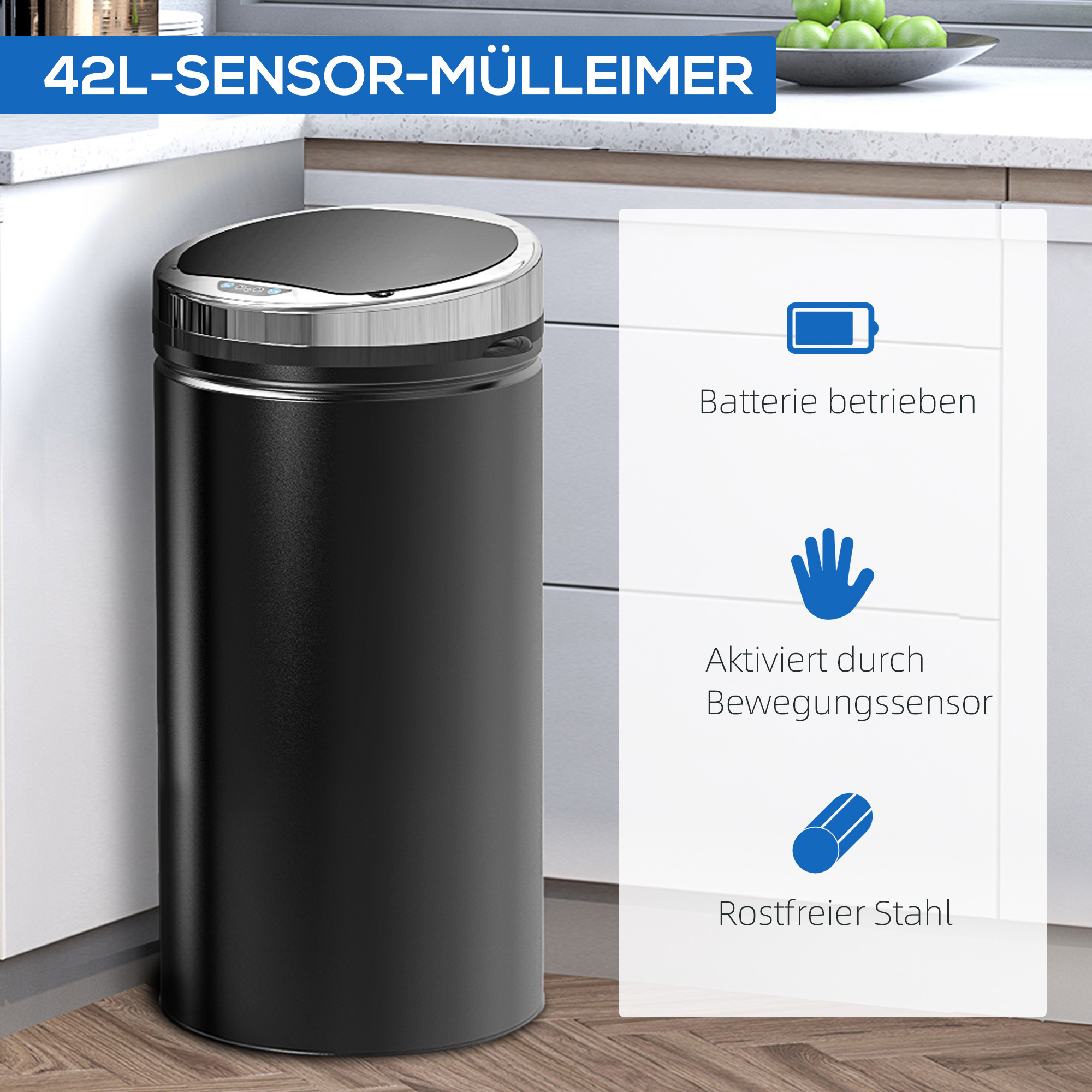 42 L Sensor Mülleimer, Automatischer Abfalleimer, Rostfreier Kücheneimer mit Infrarotsensor, für Küche, Esszimmer