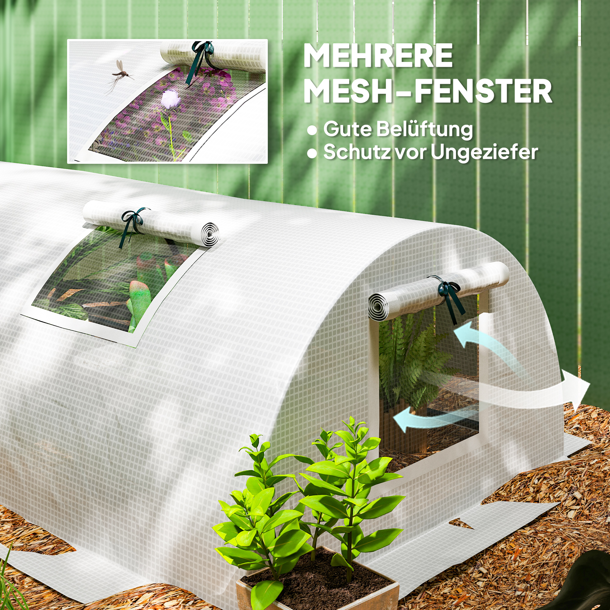 Foliengewächshaus, Mini-Tunnelgewächshaus mit Netz-Fenster, UV-beständig, Kunststoff-Folie, 300 x 80 x 45 cm, Weiß