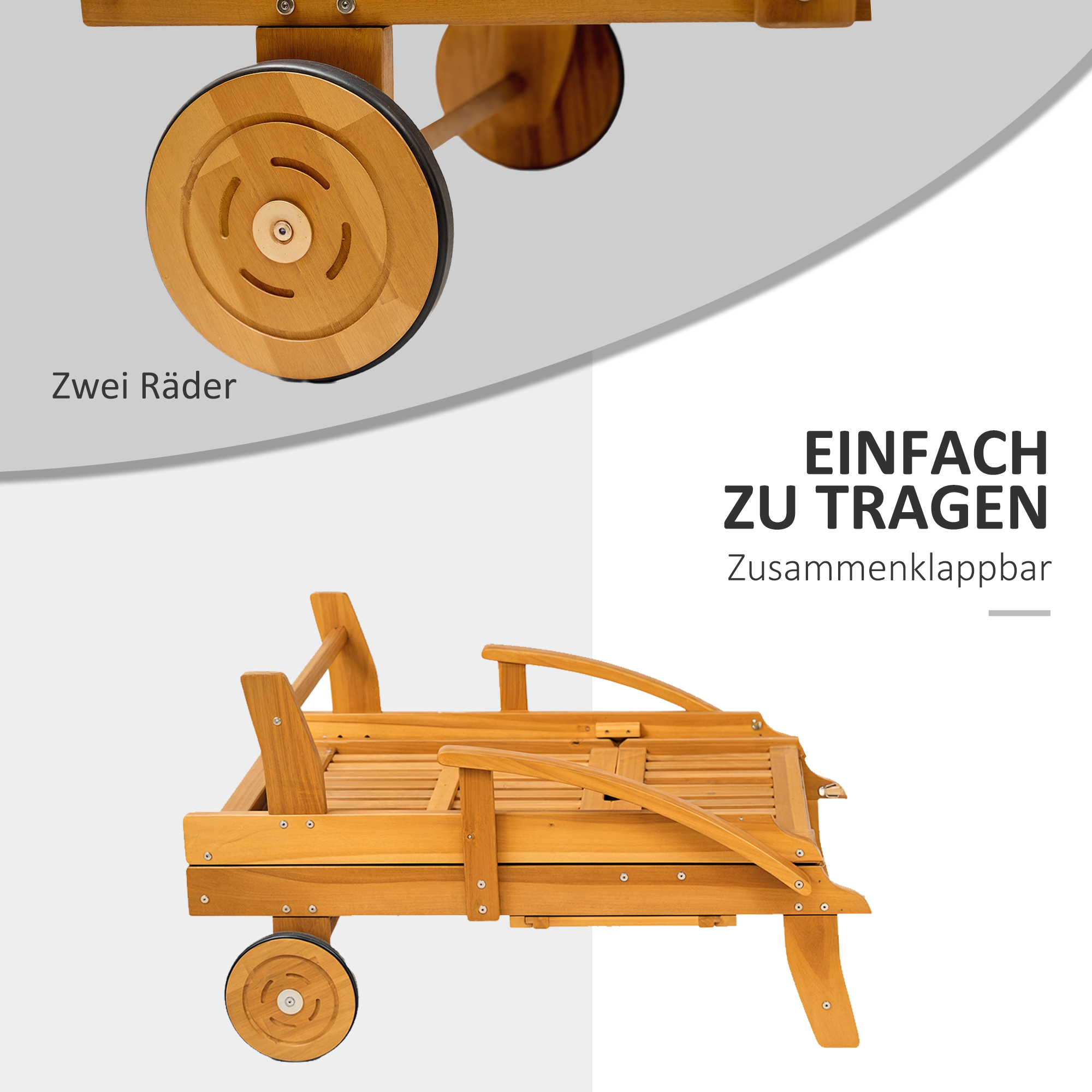Sonnenliege Holz klappbar Gartenliege mit Seitentisch, Rolle, 4-Fach verstellbare Rückenlehne Teak