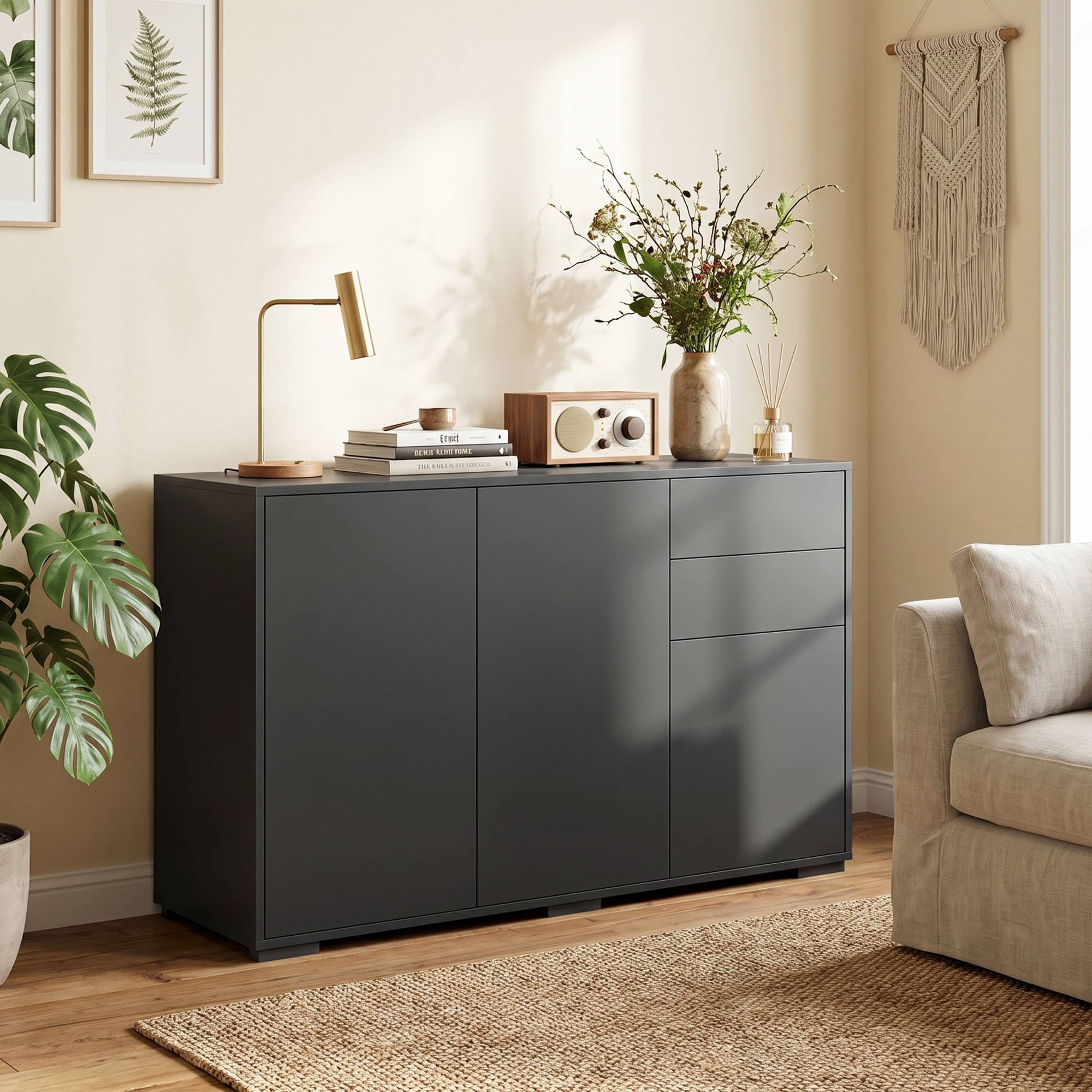 Sideboard Kommode Anrichte, 2 Schubladen, Push-Click, 117 cm x 36 cm x 74 cm, Schwarz