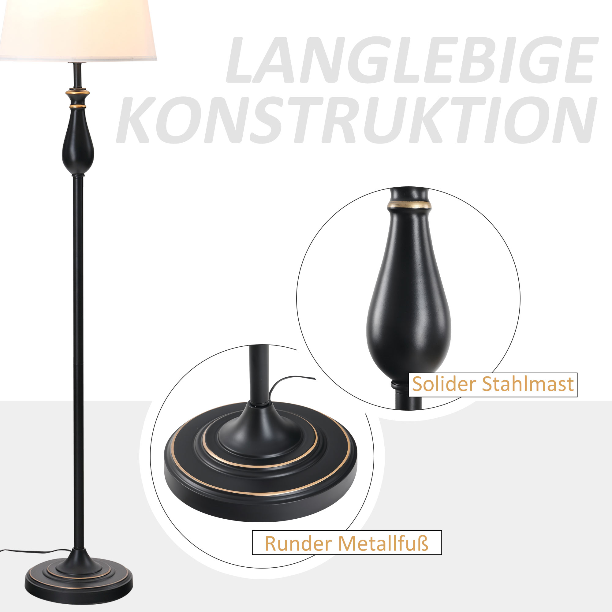 3er-Set Stehlampen-Set inkl. 2 Tischleuchten, 1 Stehleuchte, Tischlampen-Set mit E27 Fassung, Lampenschirm aus Leinen Standlampe für Wohnzimmer, Schlafzimmer, Weiß+Schwarz