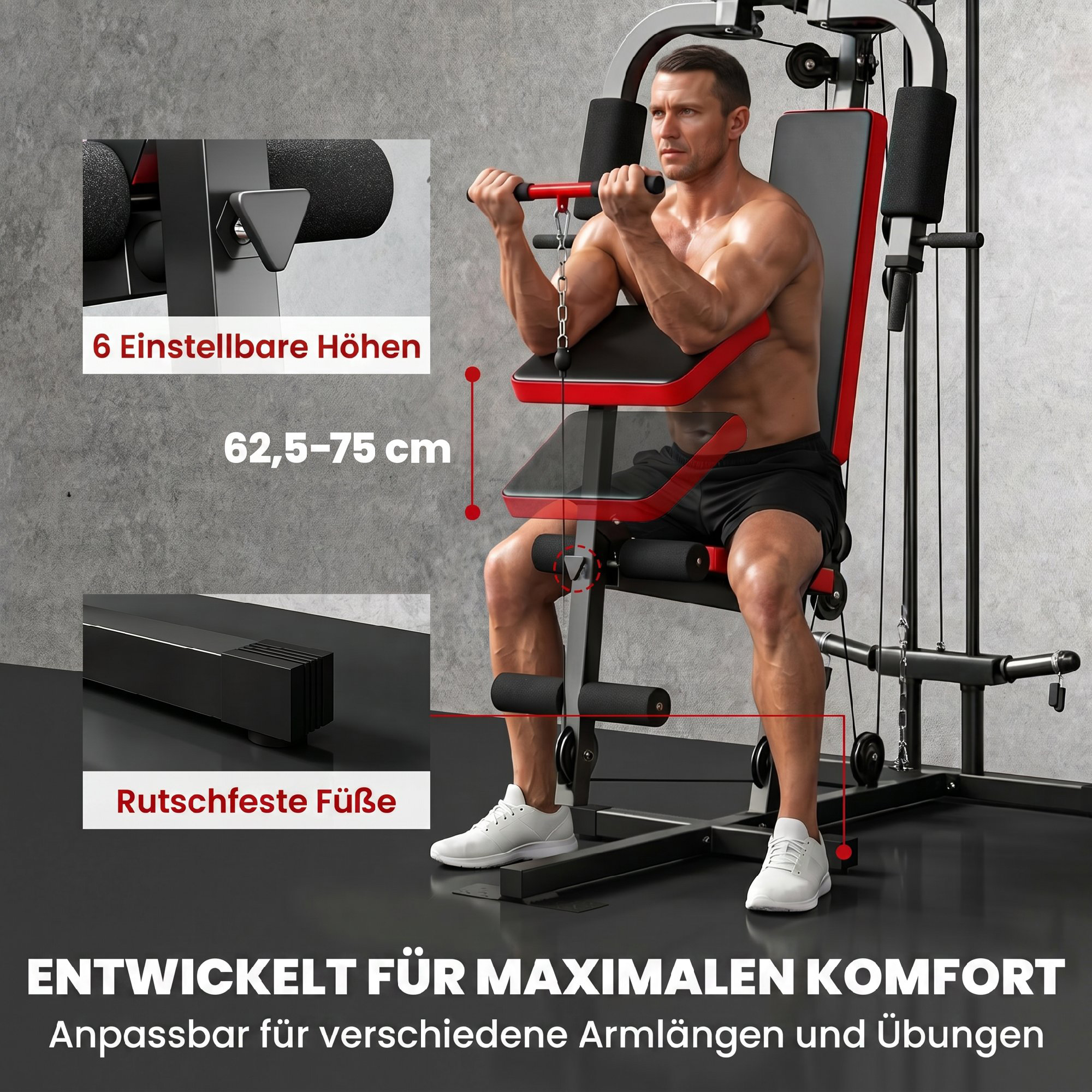 Kraftstation Fitnessstation mit Latzug, Butterflystange, verstellbar Preacher Bank, Beintrainer, bis 120kg Schwarz+Rot