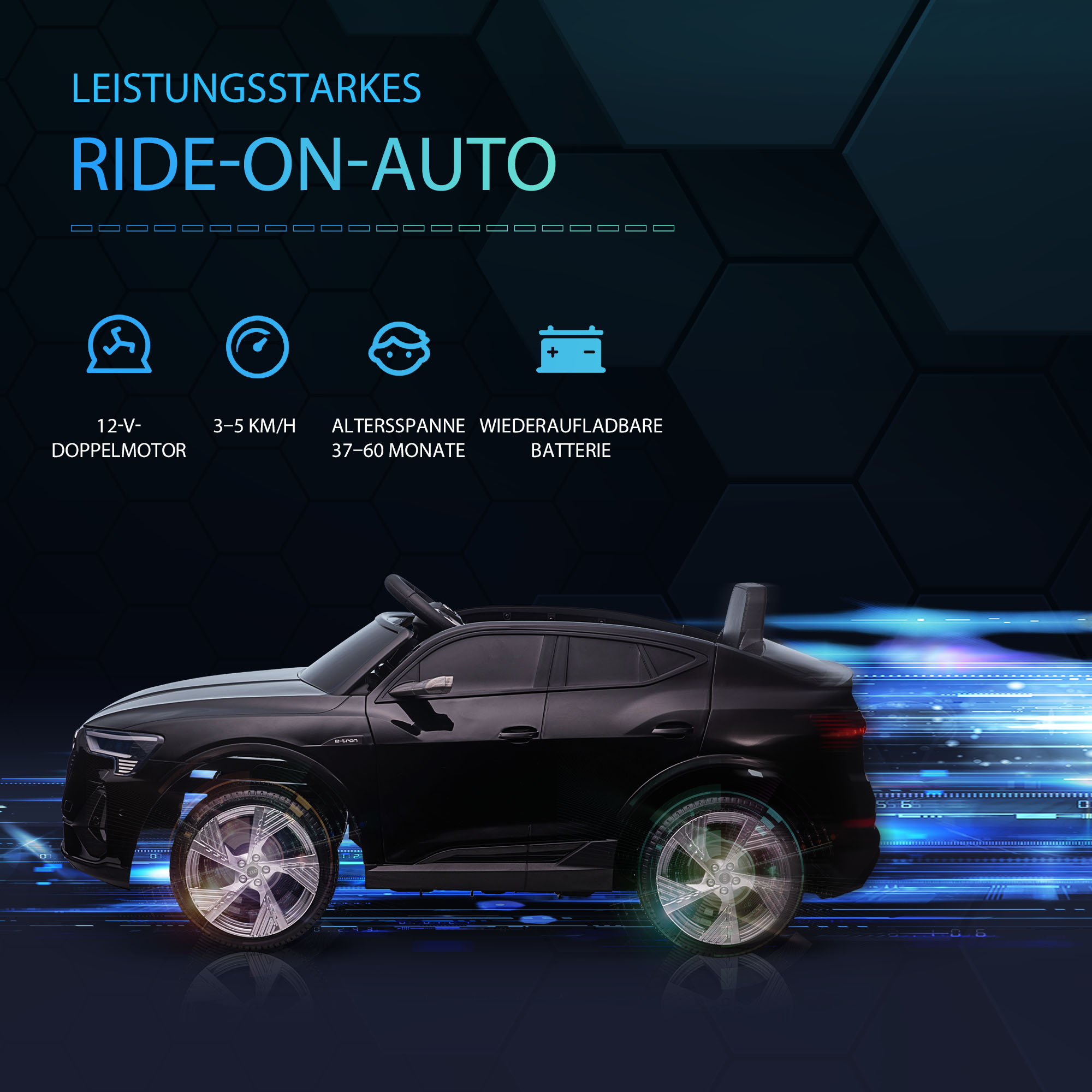 Elektro Kinderauto 12V Elektrofahrzeug Audi E-tron Elektroauto mit Fernbedienung, Sicherheitsgurt, Musik (MP3/USB/TF), Kinderfahrzeug für Kinder 3-5 Jahre, 3-5 km/h, Schwarz