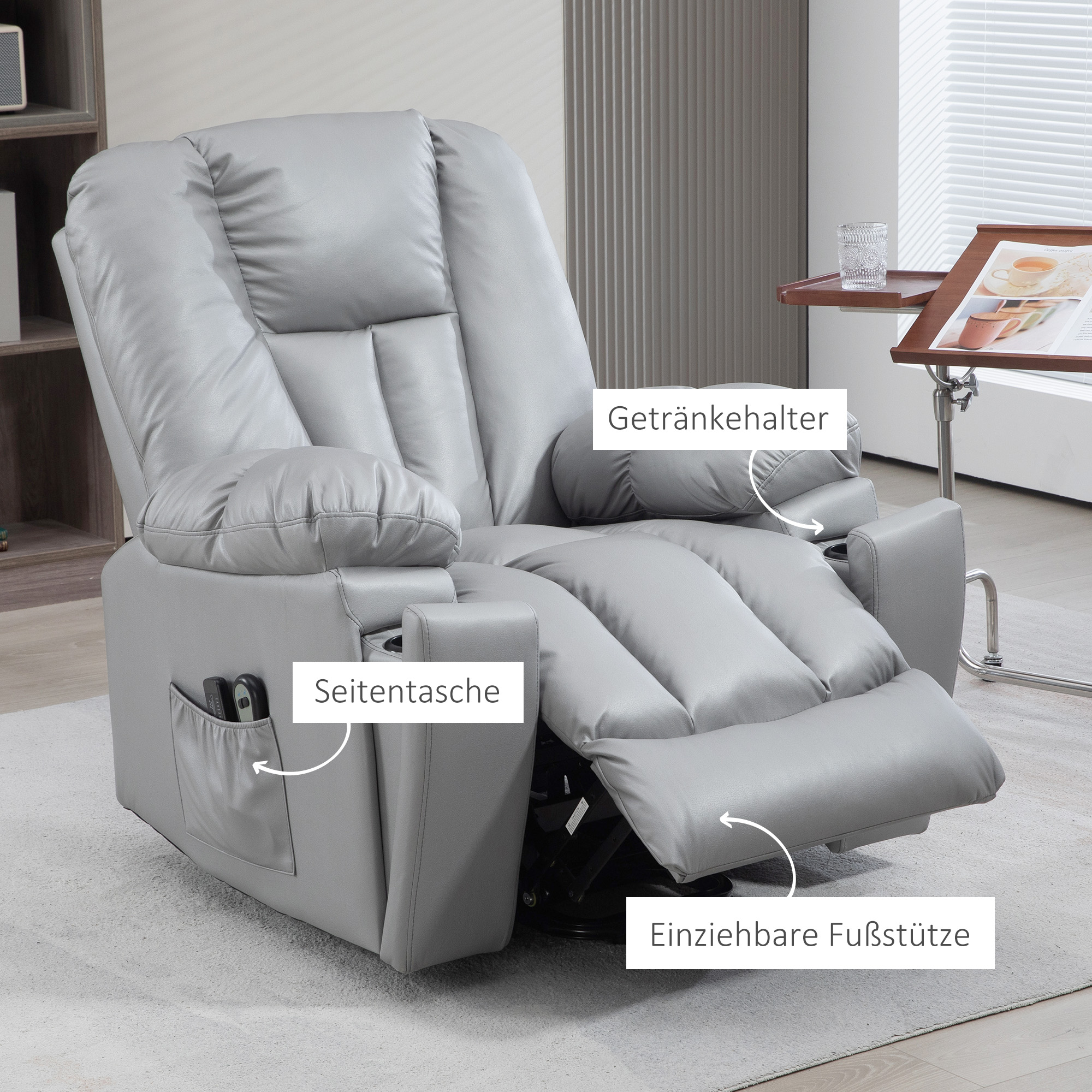 Massagesessel Relaxsessel Seniorensessel, Fernbedienung, Seitentaschen, 94 cm x 96 cm x 106 cm, Dunkelgrau