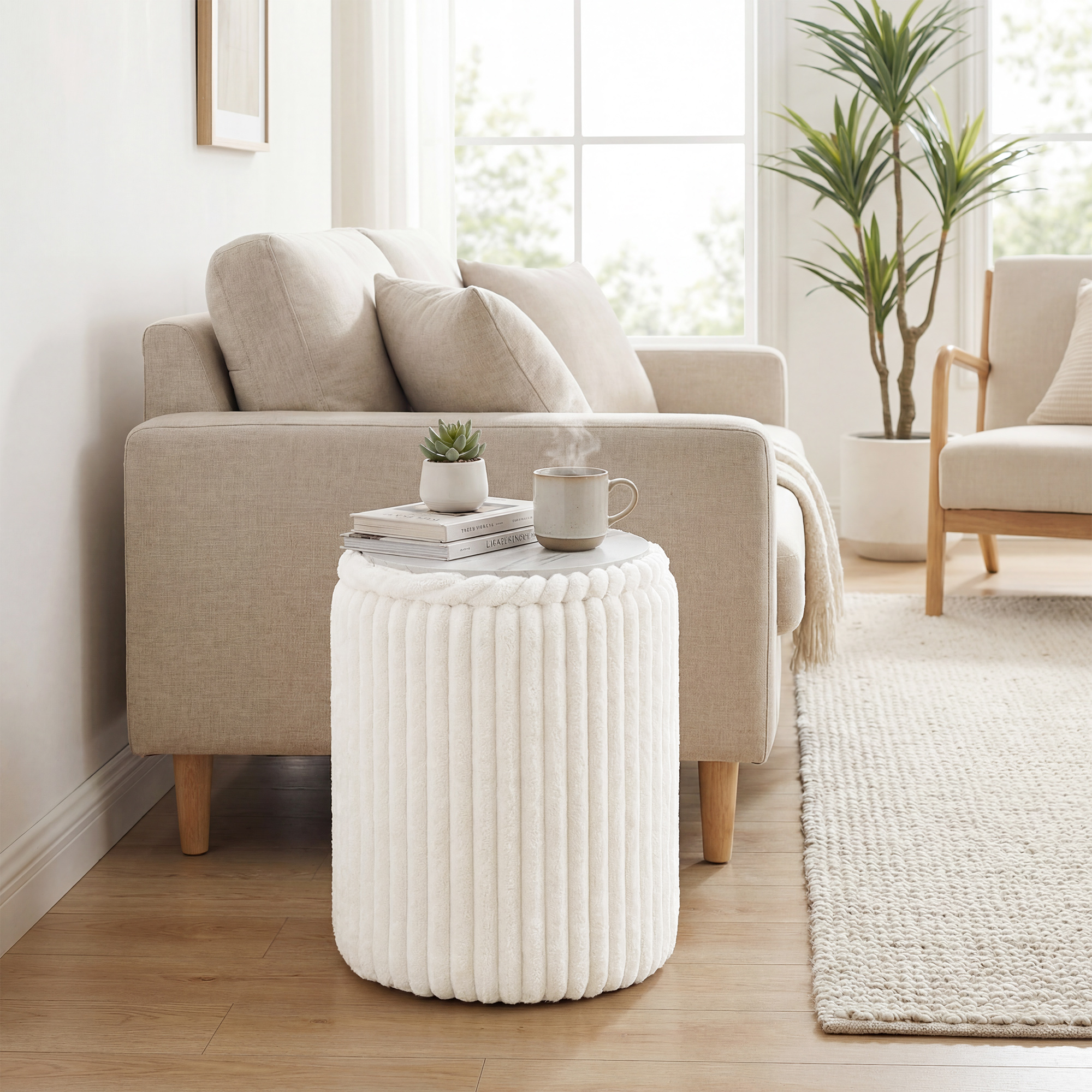 Aufbewahrungshocker mit Wendedeckel, Moderner Cord-Sitzhocker für Wohnzimmer und Schlafzimmer, Weiß