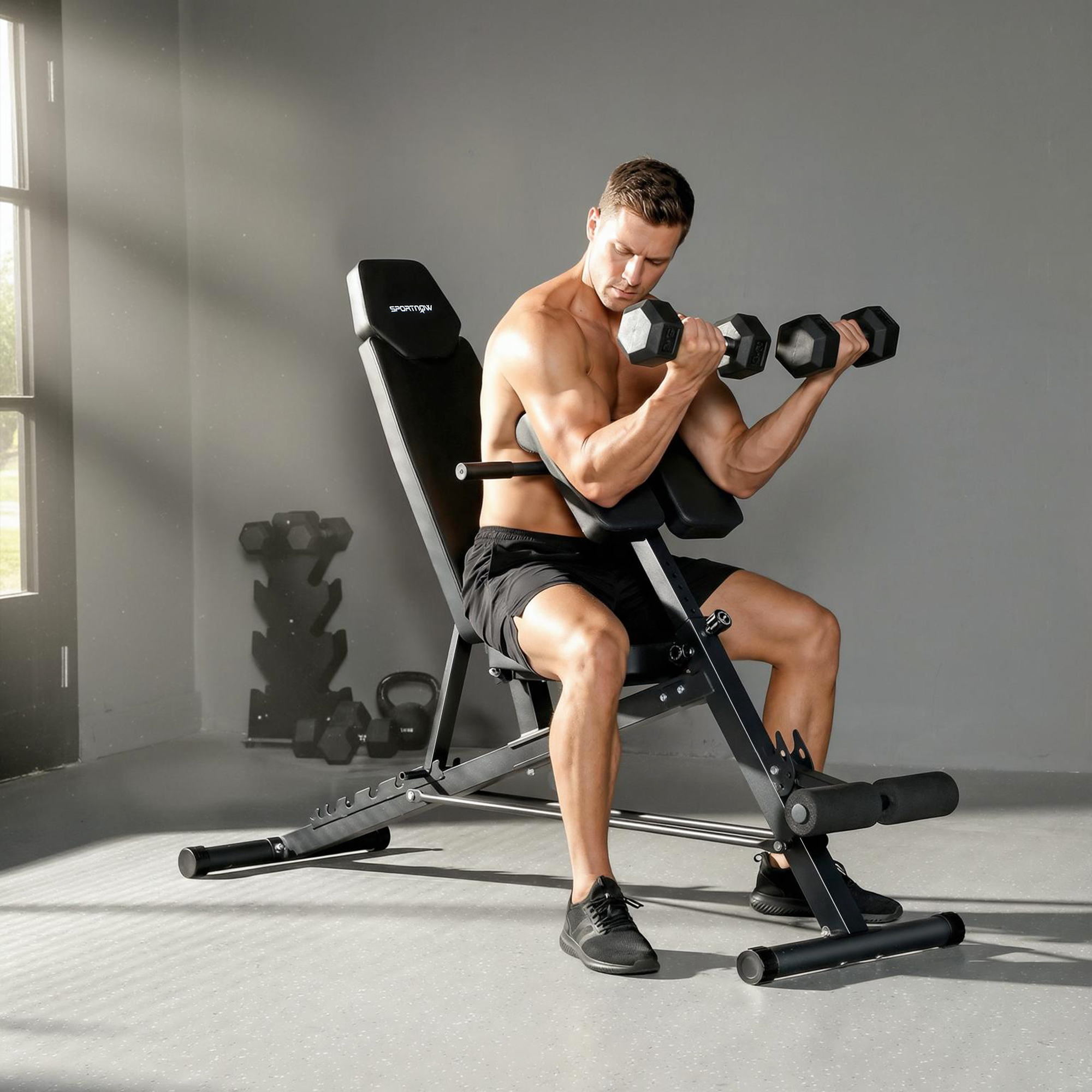 Multifunktionale Hantelbank, Verstellbare Schräg- und Flachbank mit 6-stufiger Rückenlehne, 3-stufigem Sitz, Schwarz