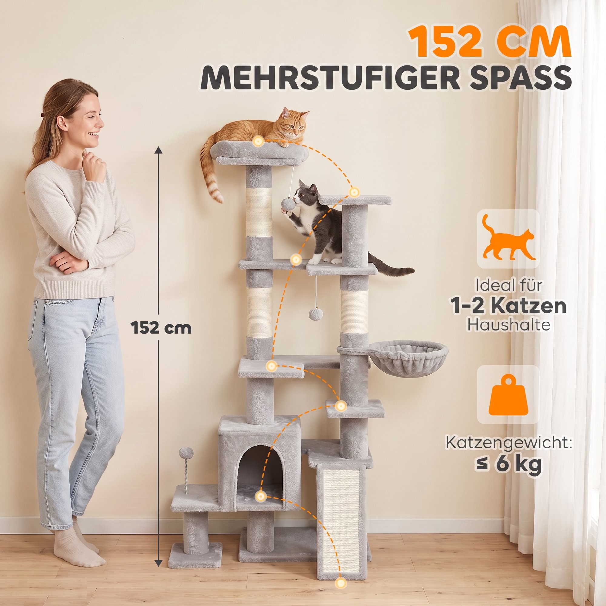 Kratzbaum groß, 152 cm hoch Katzenbaum mit Kratzstämmen Höhlen mit 2 Eingängen 3 Bällen Hängematte, 6 kg, Hellgrau