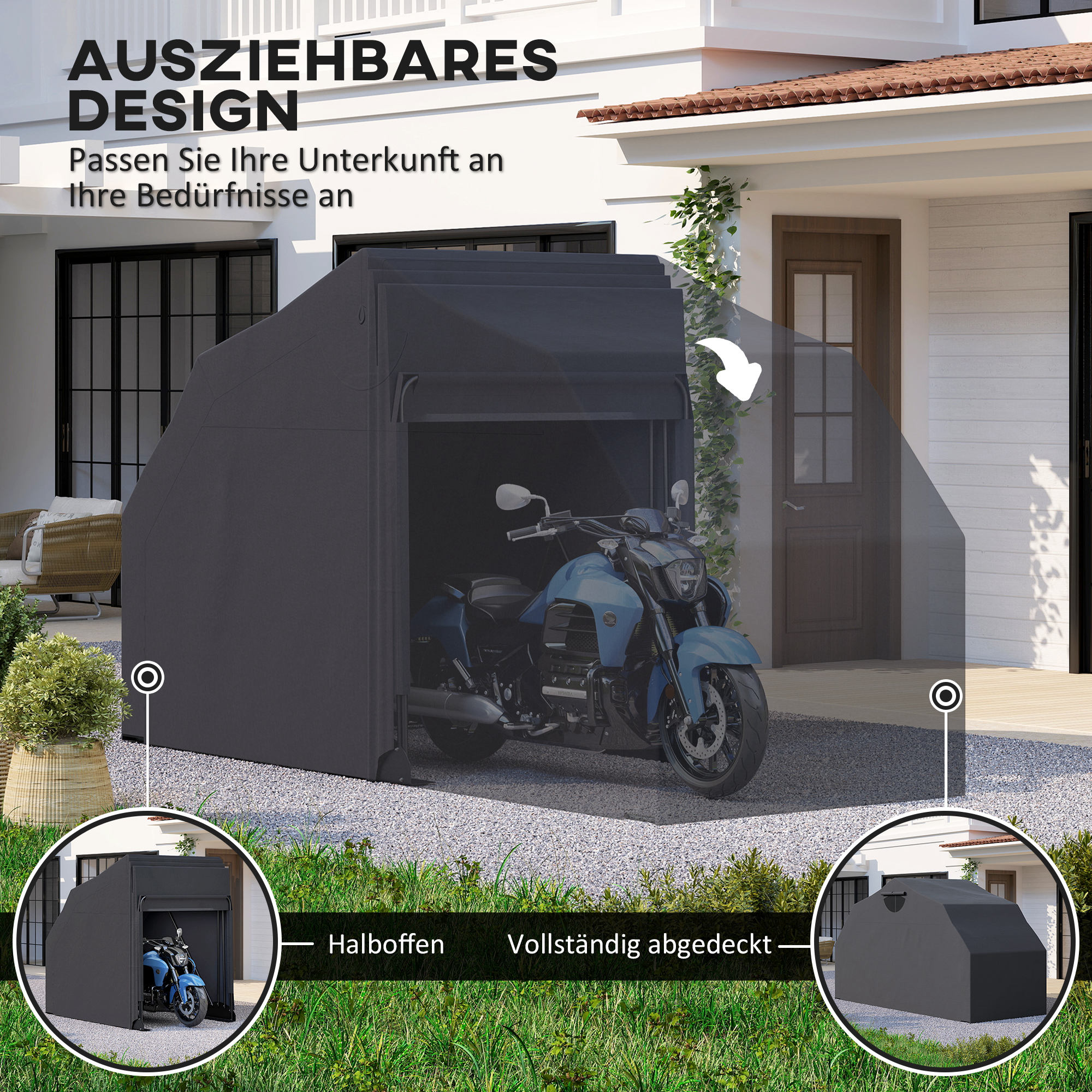 Motorrad Abdeckplane Faltbar Outdoor Motorradabdeckung Wasserdicht Winterfest XXL 345cmx135cmx191cm Schwarz