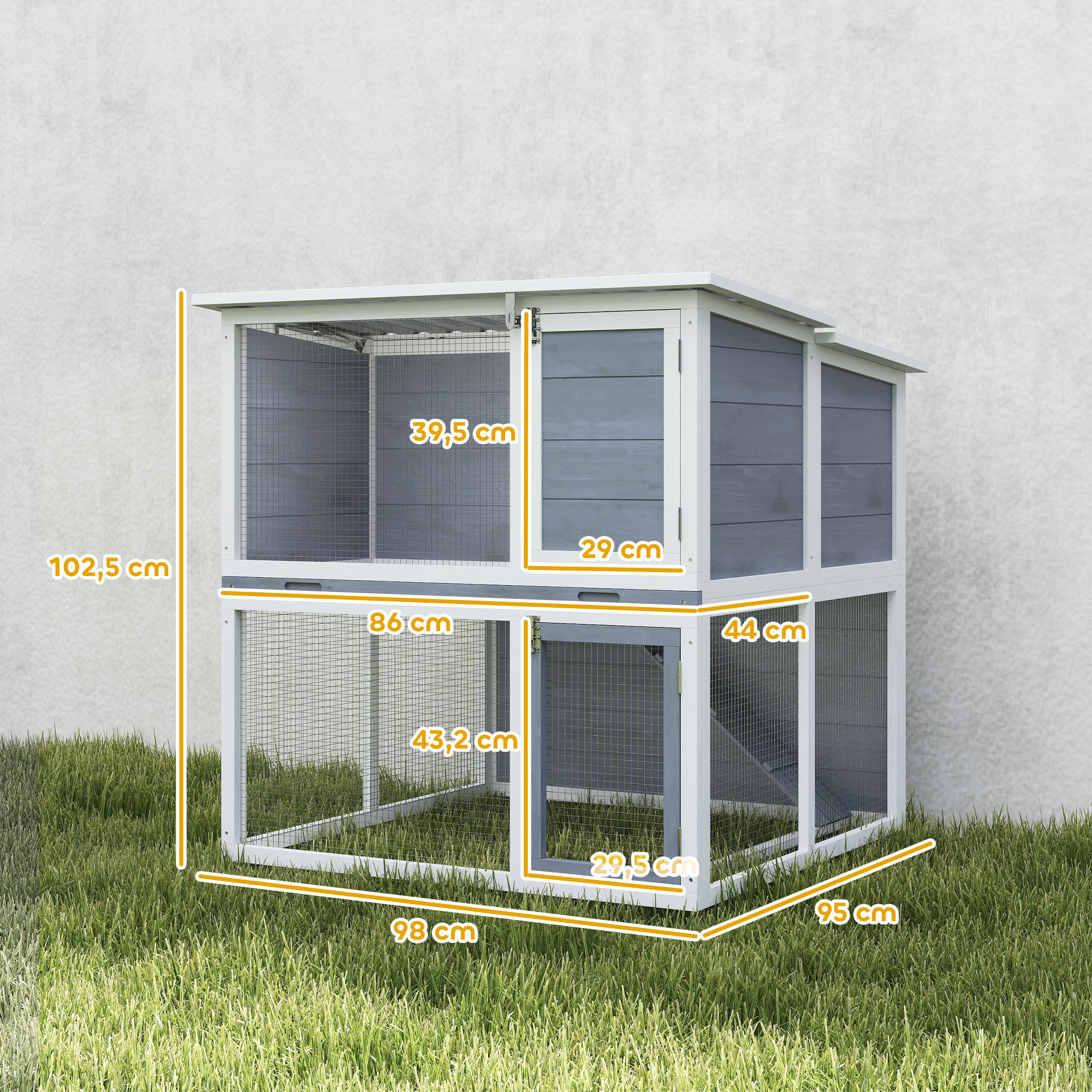 Hasenstall 2 Etagen, Kaninchenstall aus Holz mit wetterfest aufklappbares Dach, Freilaufgehege, Rampe, 98x95x102,5 cm Grau